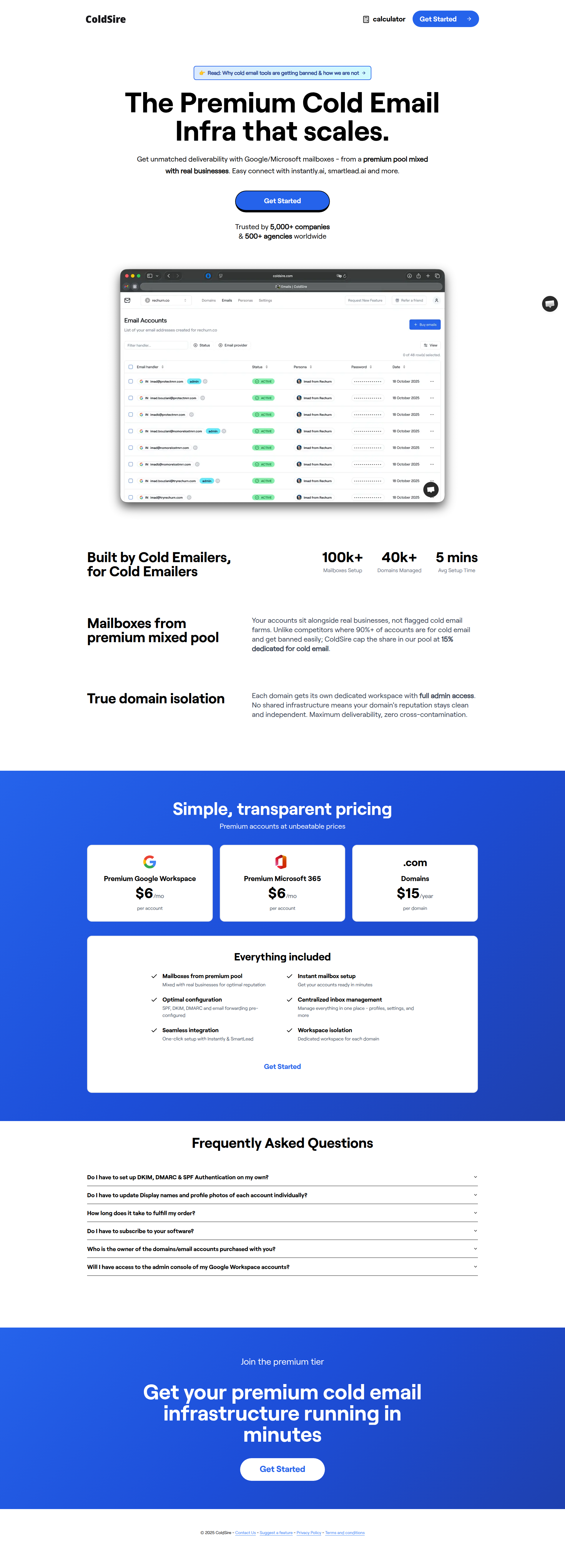 Landing page screenshot for coldsire.com, 1920 by 5259 pixels