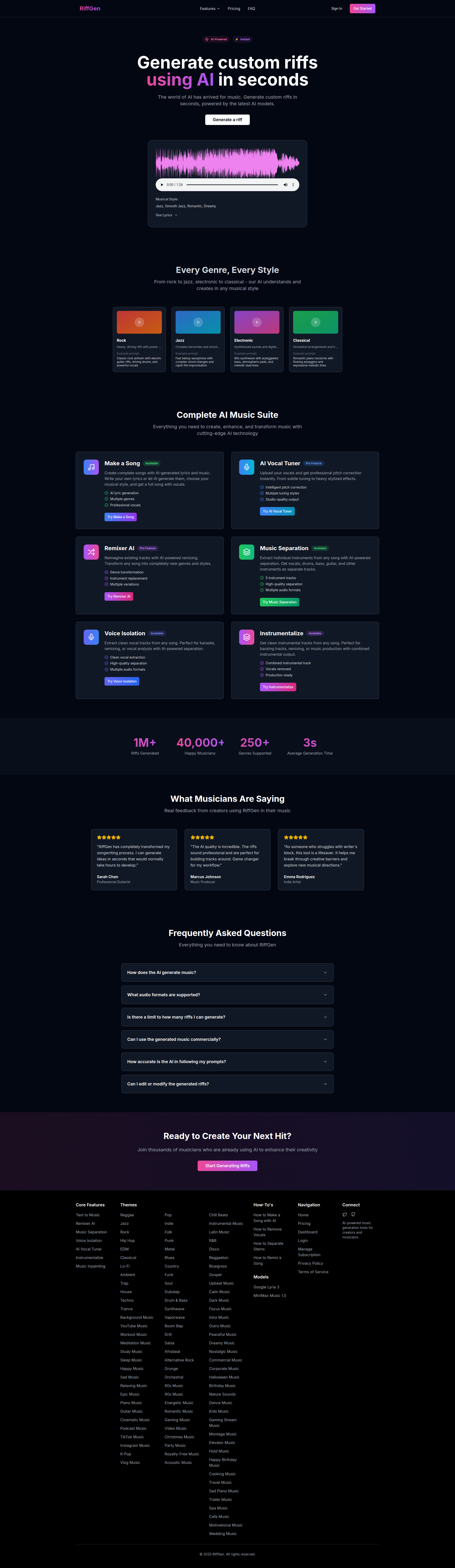 Landing page screenshot for riffgen.com, 1920 by 6612 pixels