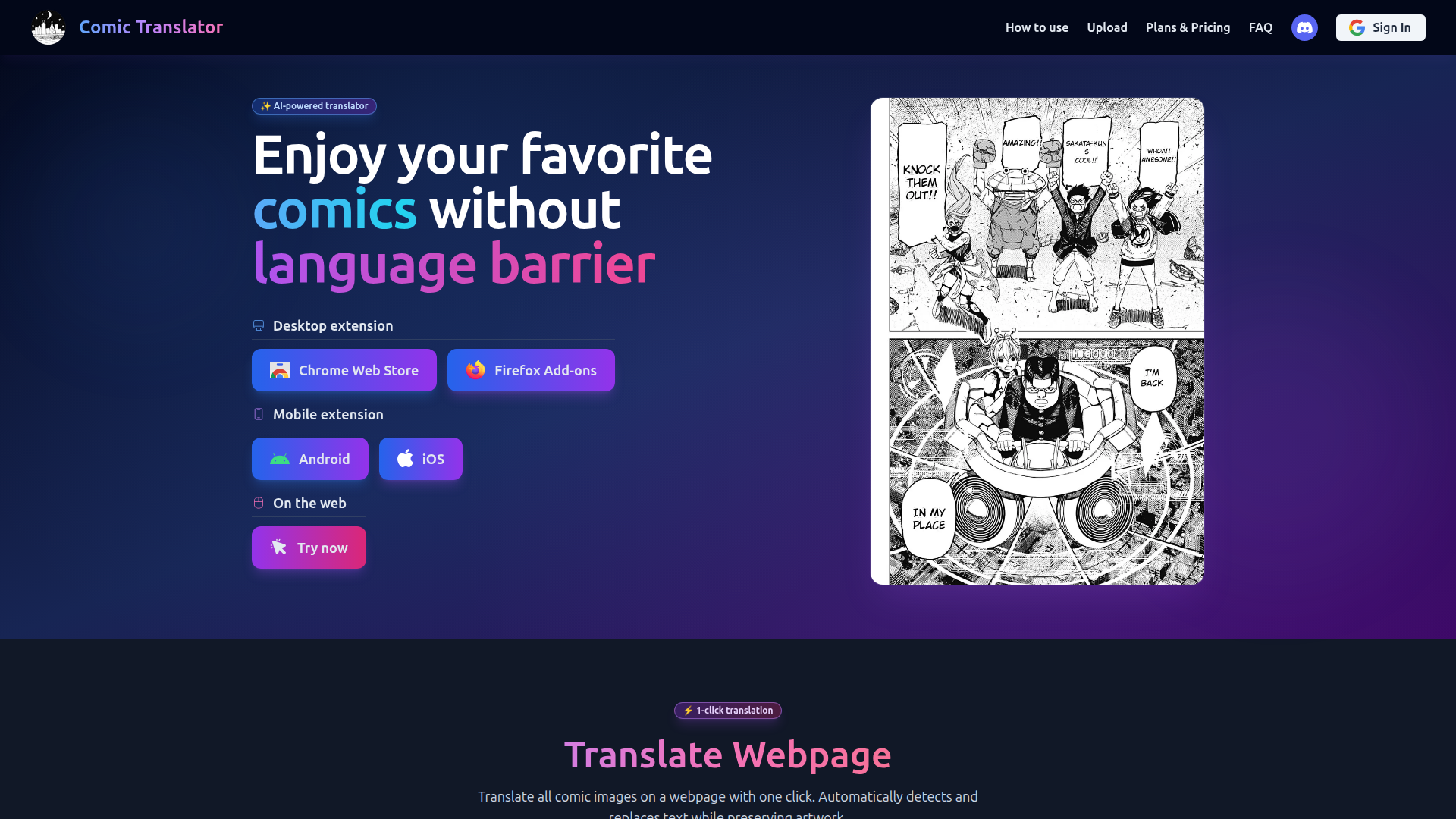Landing page screenshot for comictranslator.com, 1920 by 1080 pixels