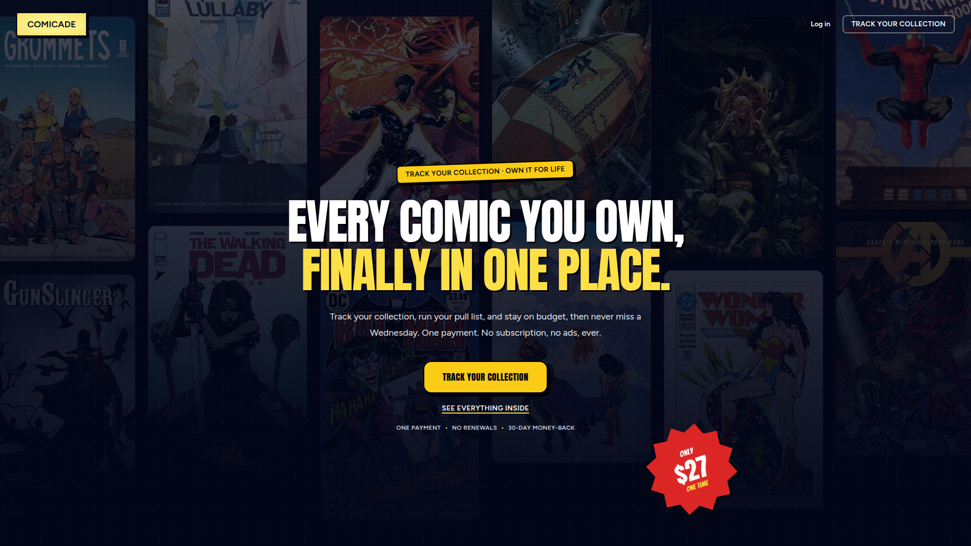 Landing page screenshot for comicade.com, 1920 by 1080 pixels