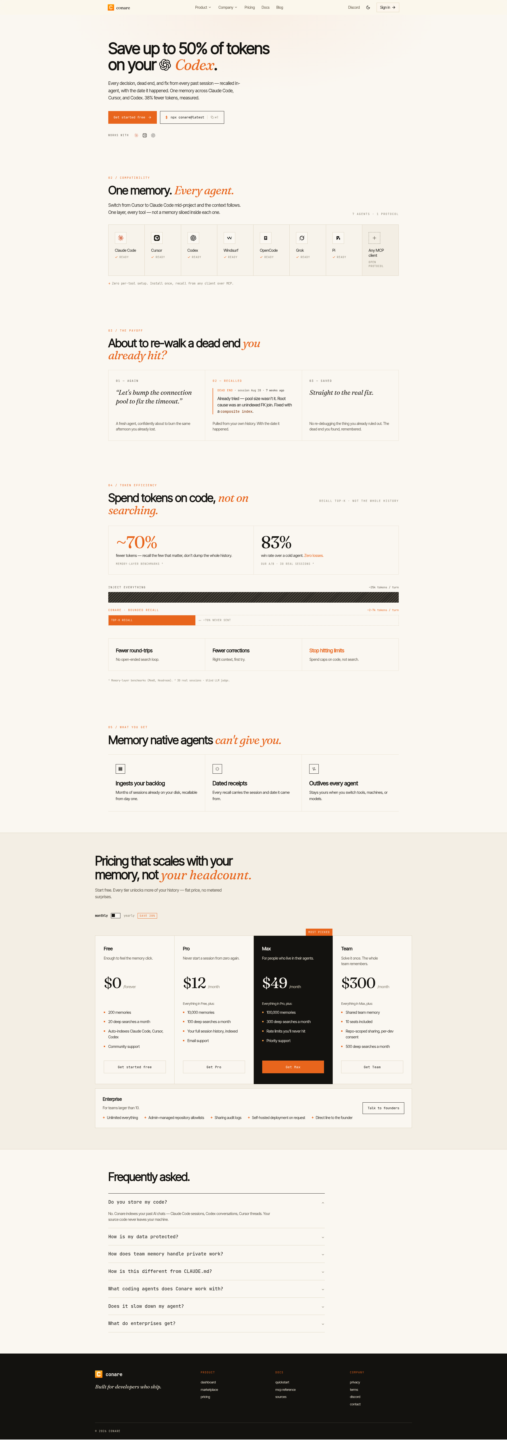 Landing page screenshot for conare.ai, 1920 by 5446 pixels