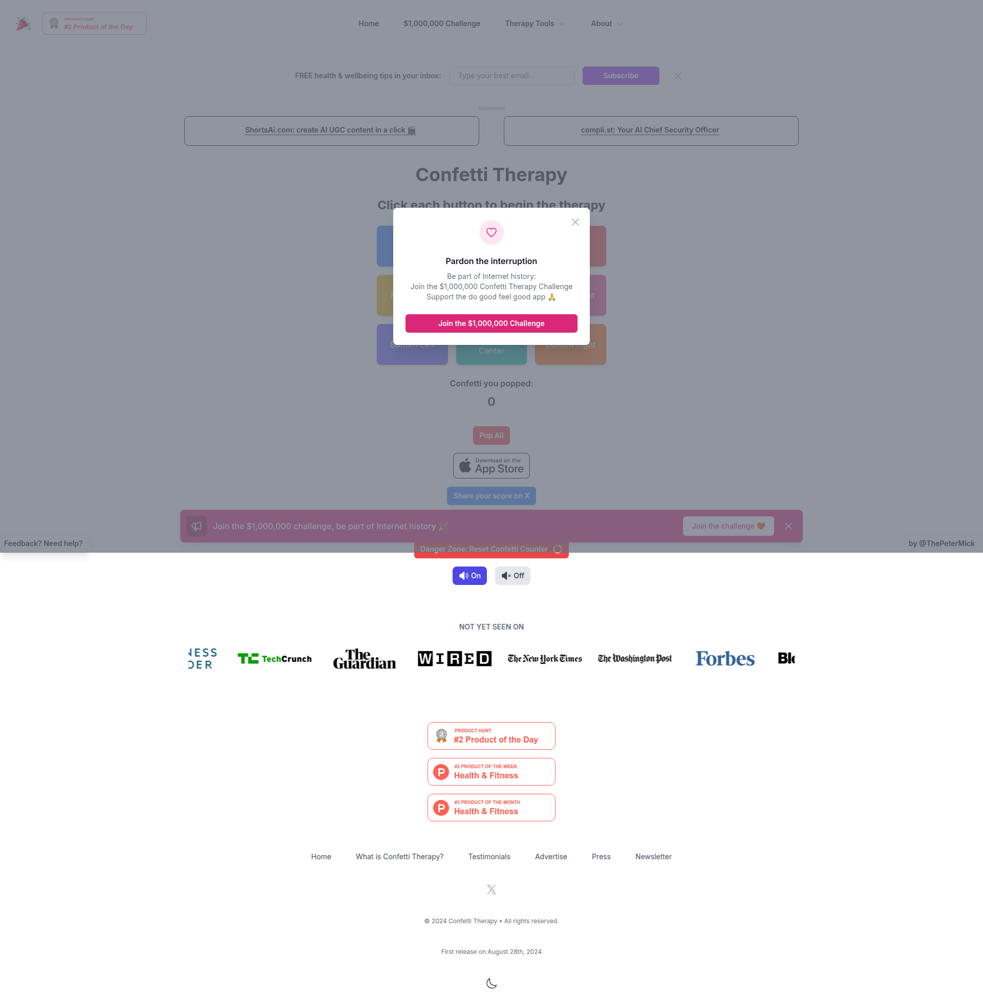 Landing page screenshot for confettitherapy.com, 1920 by 1956 pixels