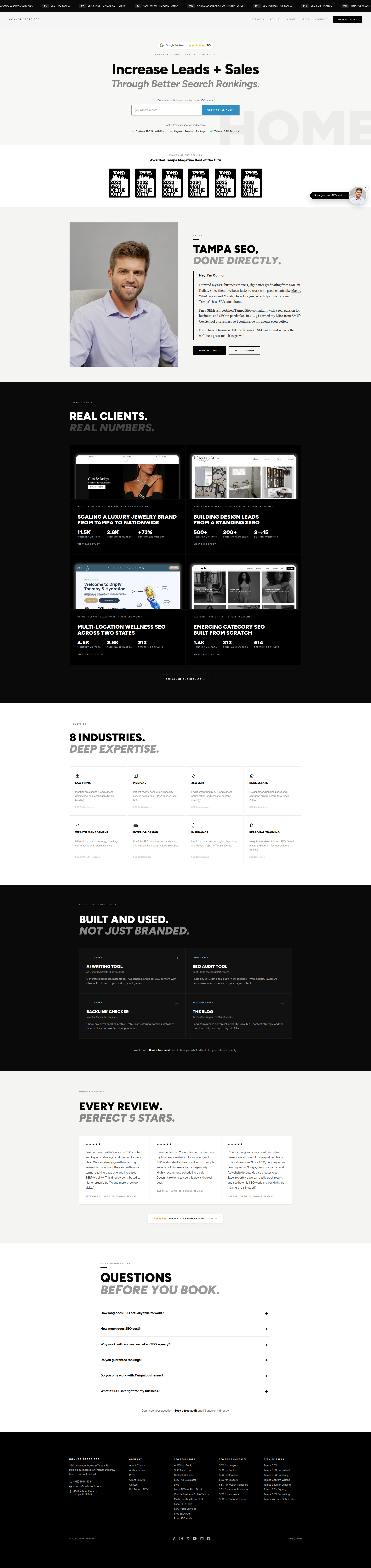 Landing page screenshot for connorcedro.com, 1920 by 8121 pixels