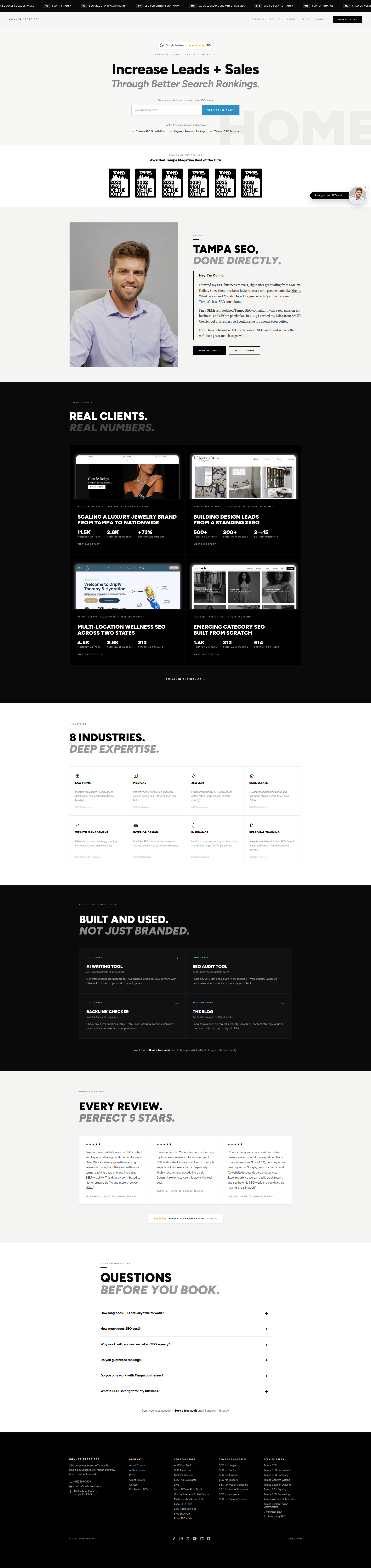 Landing page screenshot for connorcedro.com, 1920 by 8121 pixels