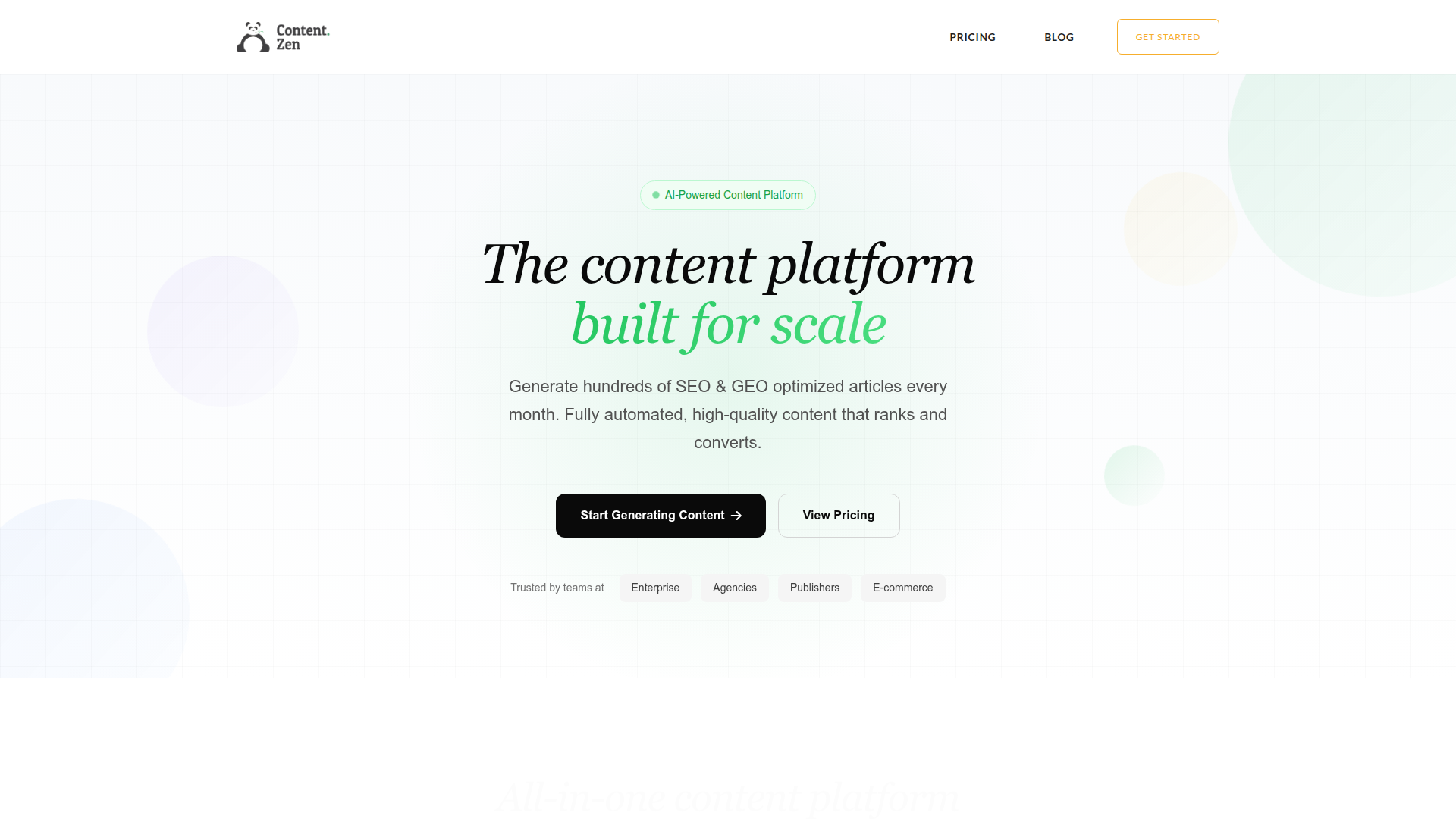 Landing page screenshot for content-zen.com, 1920 by 1080 pixels