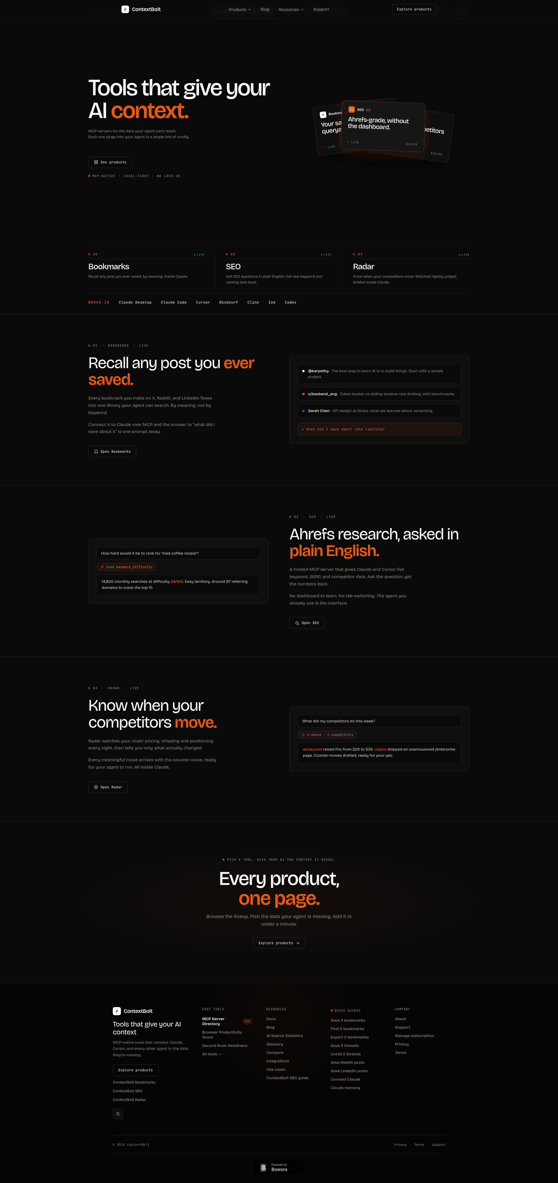 Landing page screenshot for contextbolt.com, 1920 by 4068 pixels