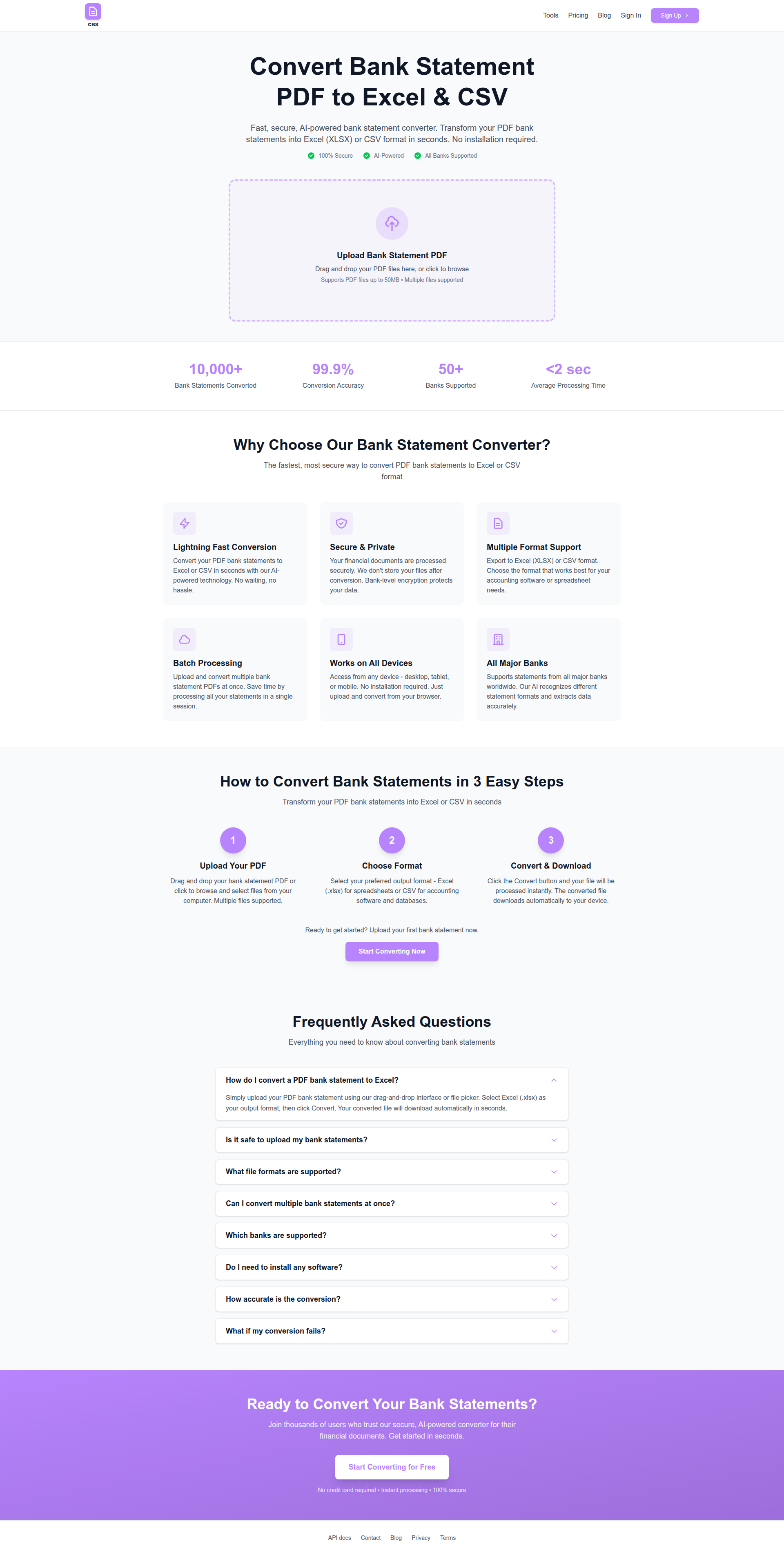 Landing page screenshot for convert-bank-statement.com, 1920 by 3806 pixels