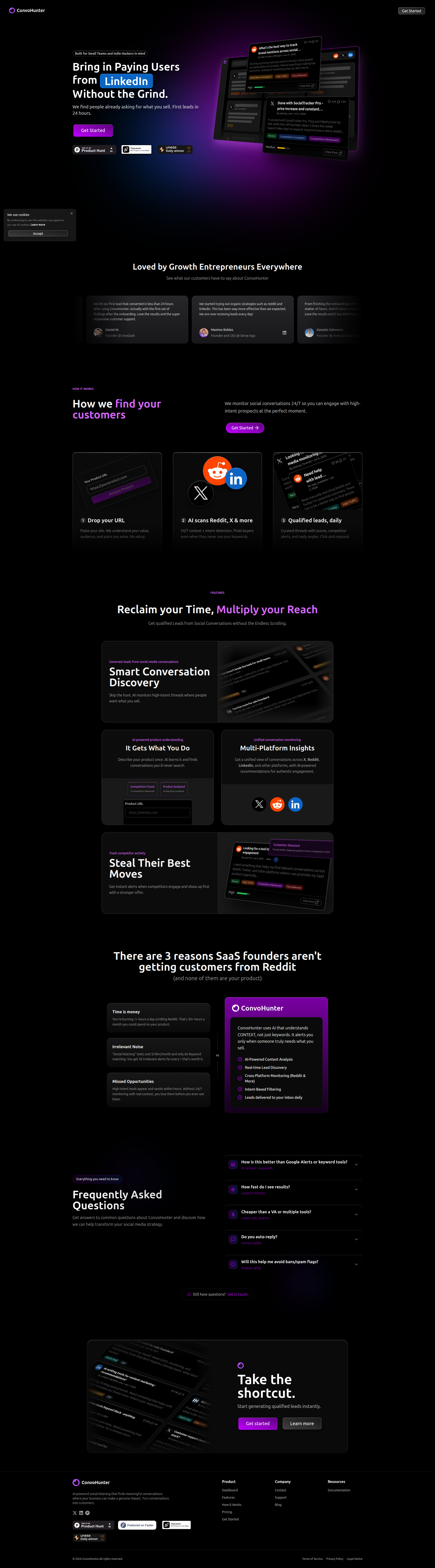 Landing page screenshot for convohunter.com, 1920 by 6914 pixels