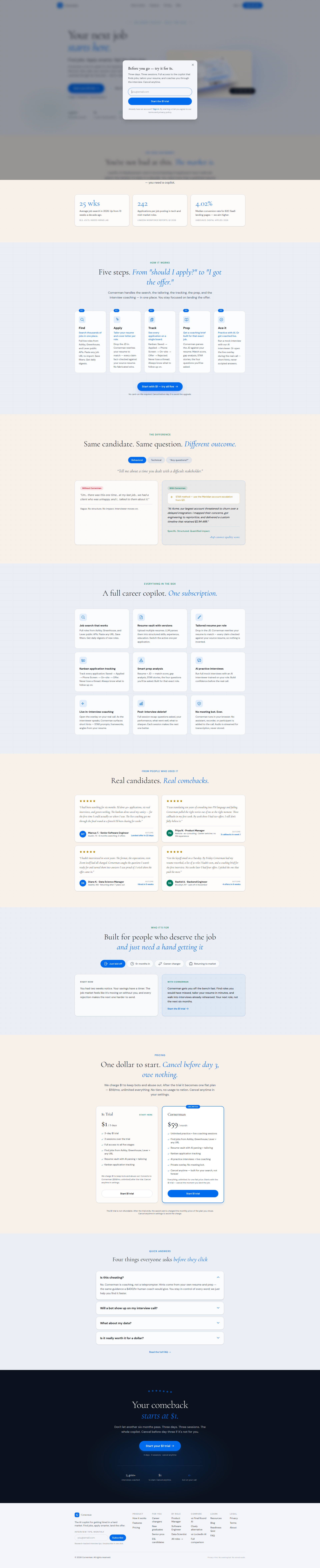 Landing page screenshot for trycornerman.com, 1920 by 9414 pixels