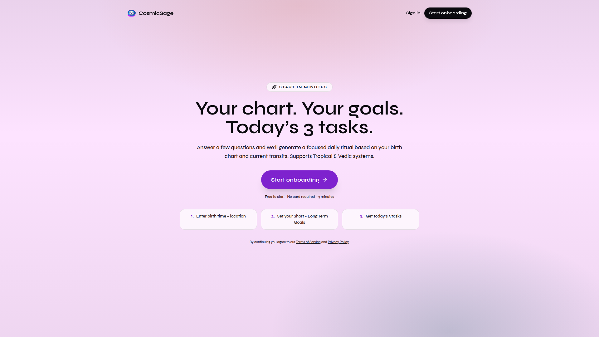 Landing page screenshot for cosmicsage.app, 1920 by 1080 pixels