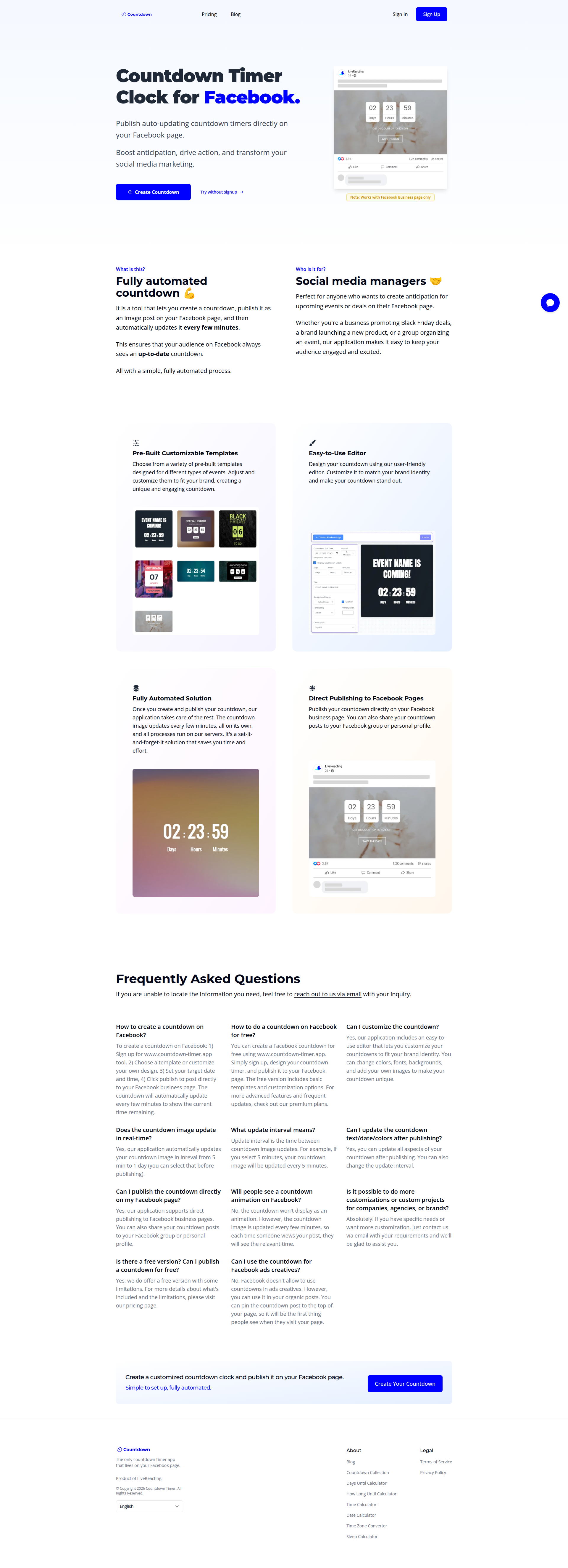 Landing page screenshot for countdown-timer.app, 1920 by 5290 pixels