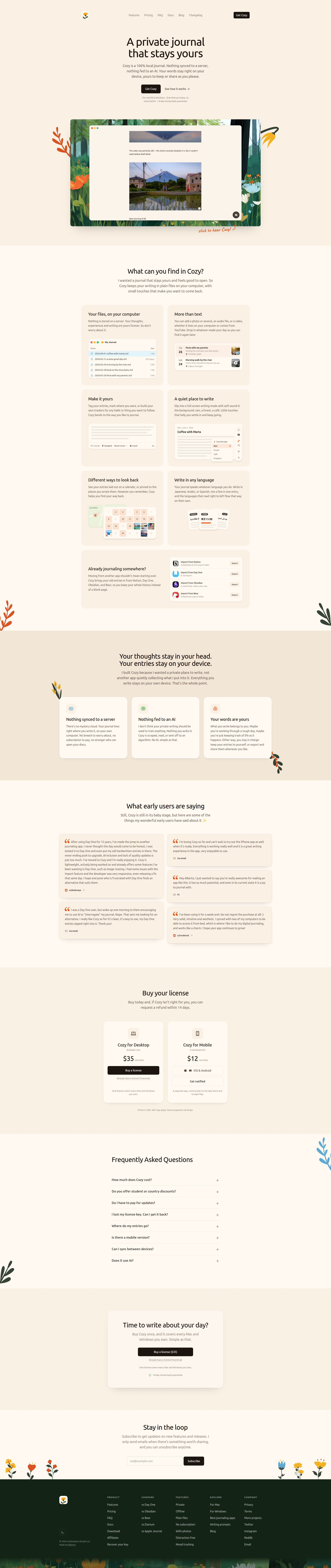 Landing page screenshot for cozyjournal.app, 1920 by 9106 pixels