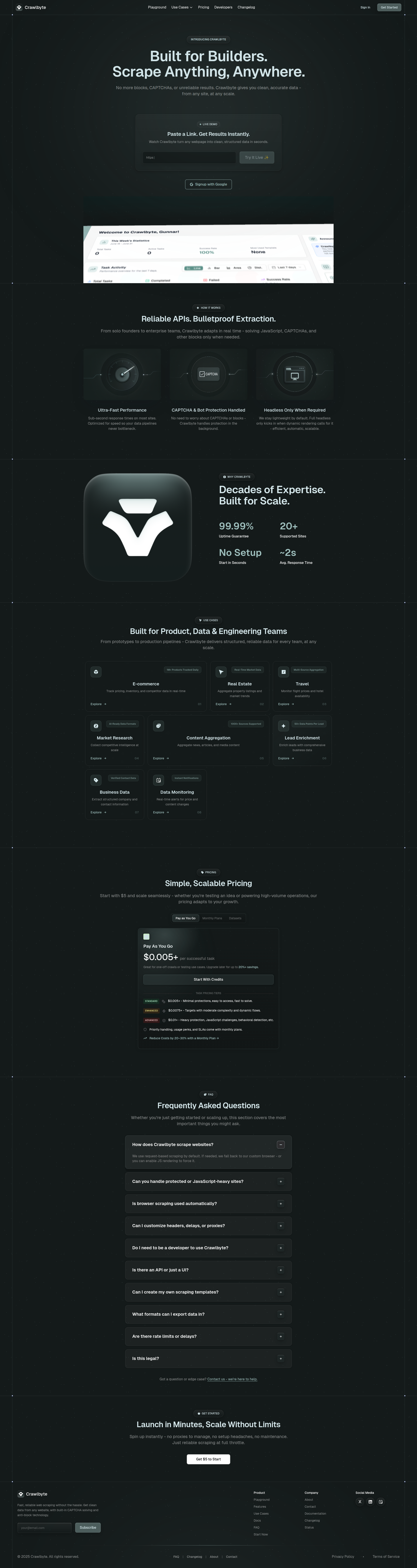 Landing page screenshot for crawlbyte.ai, 1920 by 7227 pixels