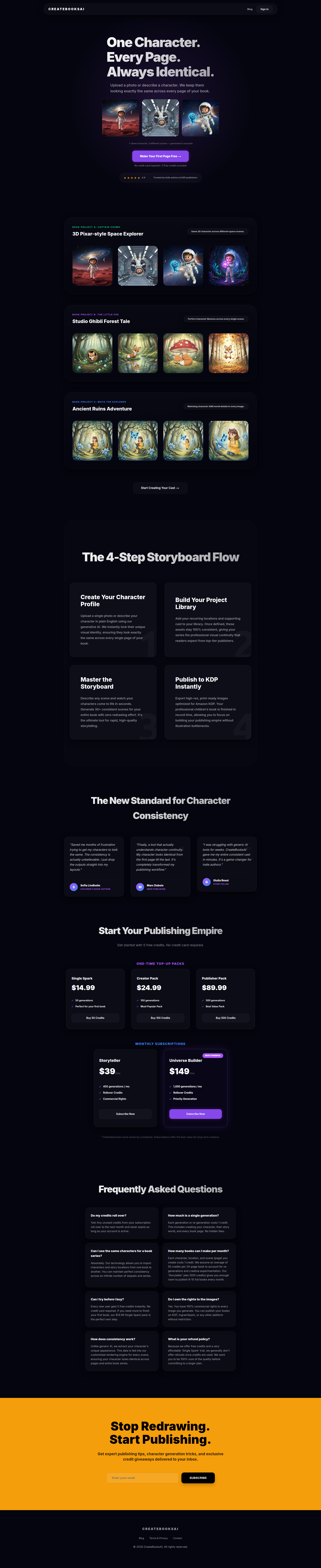 Landing page screenshot for createbooksai.com, 1920 by 9374 pixels