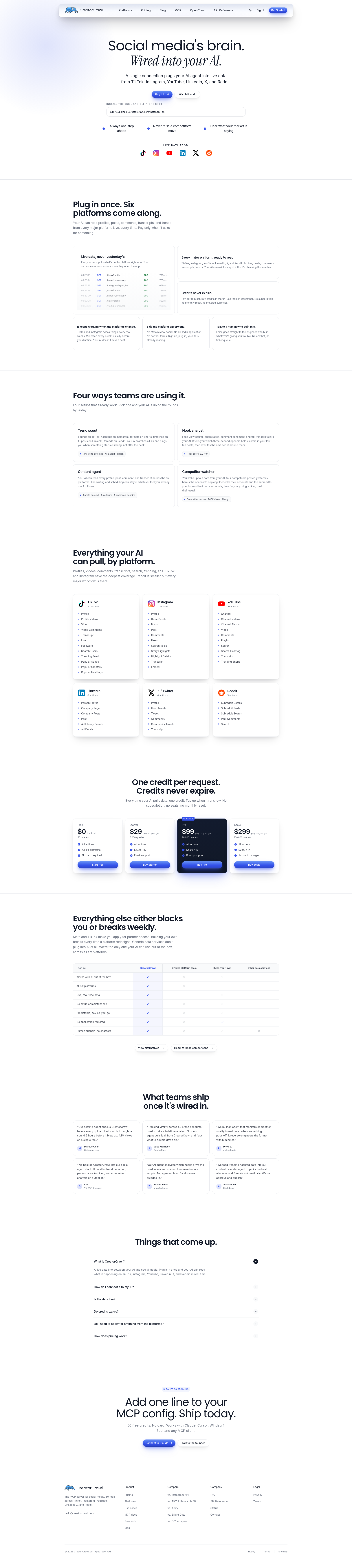 Landing page screenshot for creatorcrawl.com, 1920 by 8557 pixels