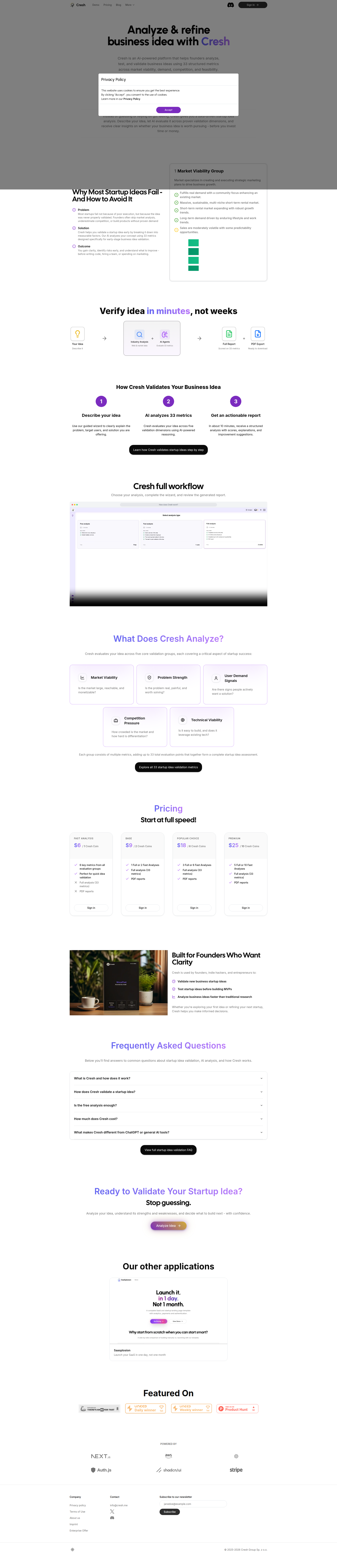 Landing page screenshot for cresh.me, 1920 by 8938 pixels