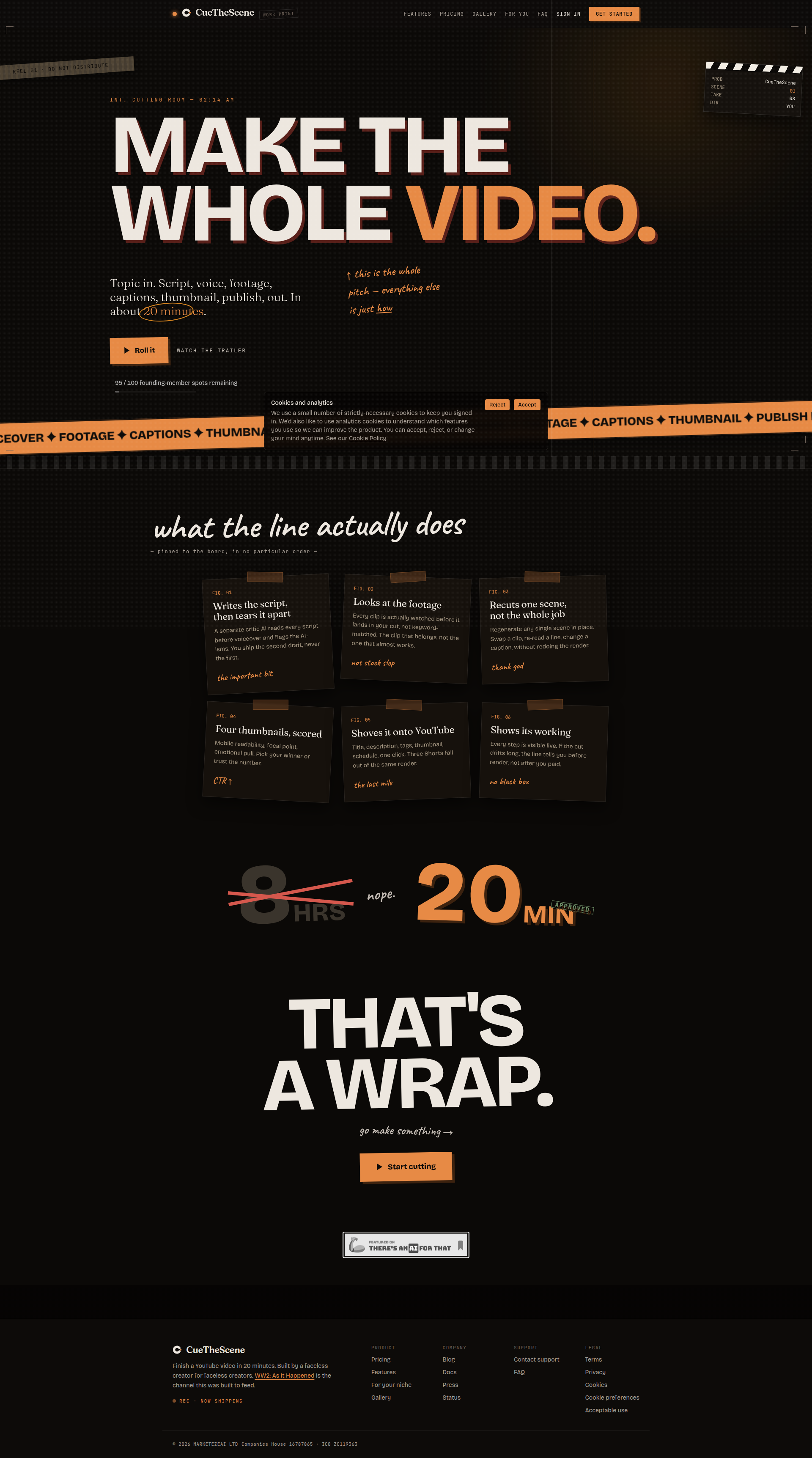 Landing page screenshot for cuethescene.com, 1920 by 3447 pixels