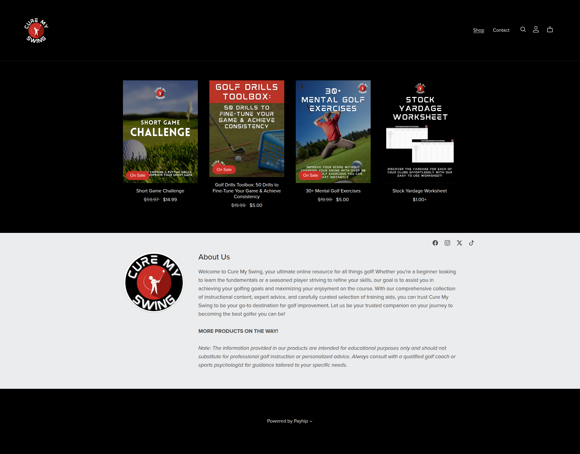 Landing page screenshot for shop.curemyswing.com, 1920 by 1503 pixels