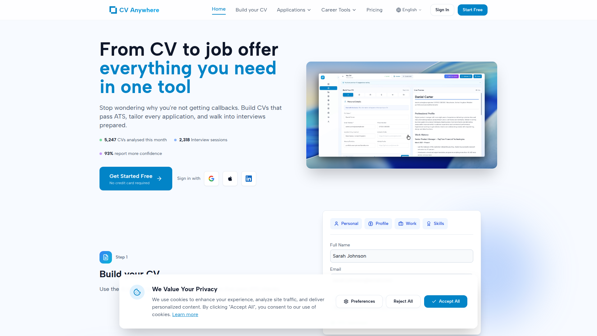 Landing page screenshot for cvanywhere.com, 1920 by 1080 pixels
