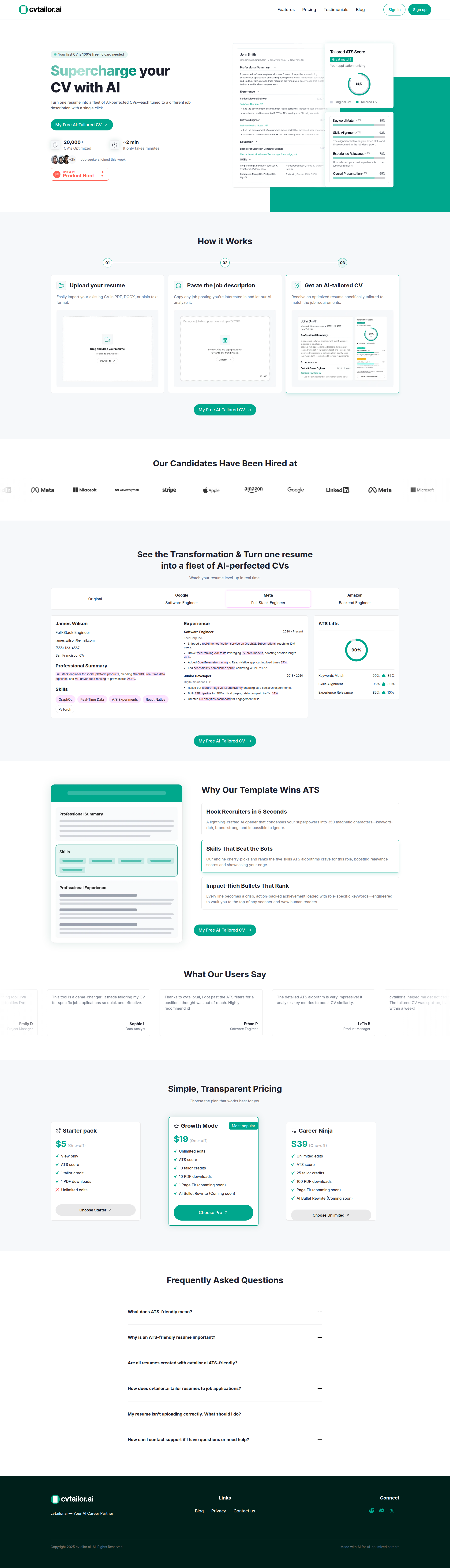 Landing page screenshot for cvtailor.ai, 1920 by 6684 pixels