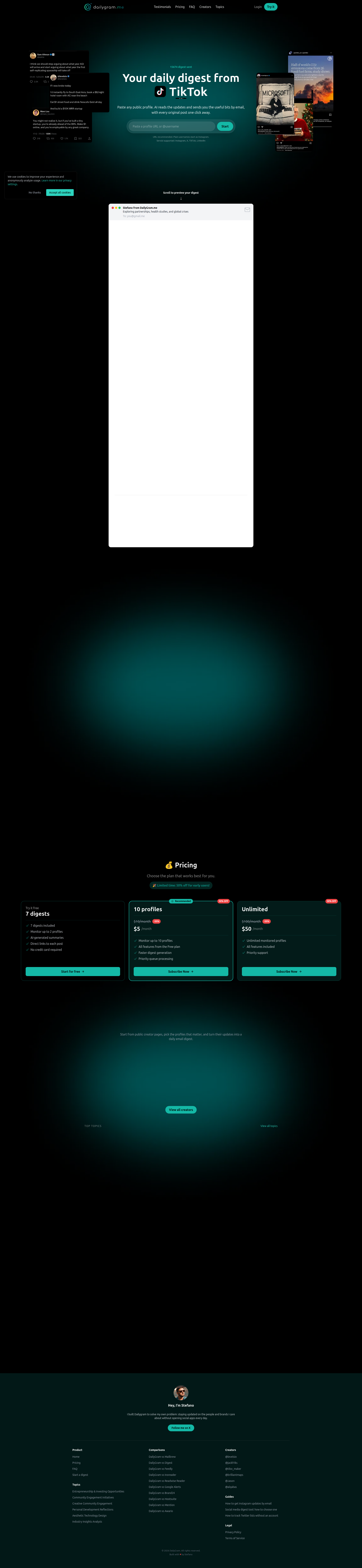 Landing page screenshot for dailygram.me, 1920 by 8315 pixels