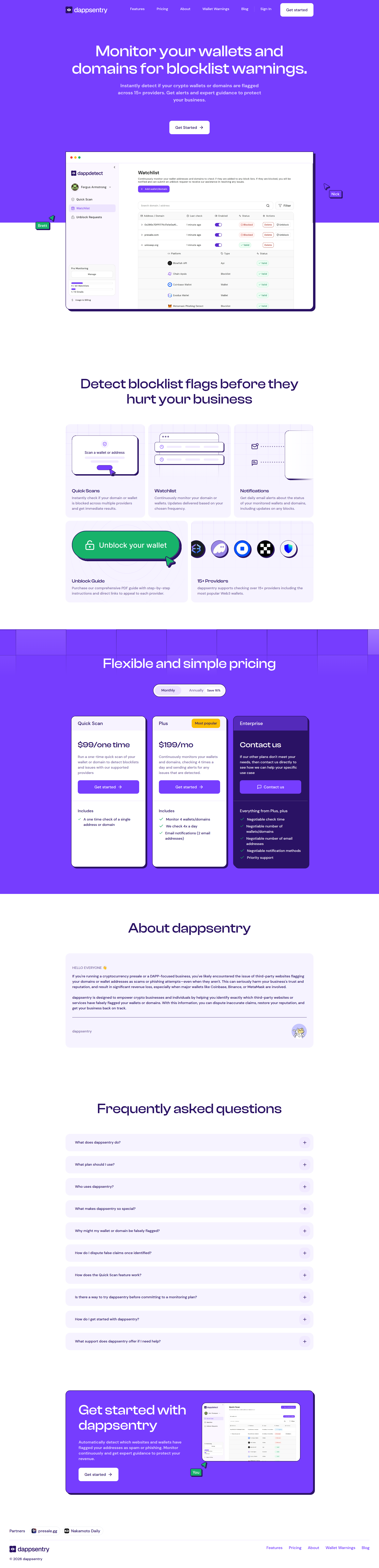Landing page screenshot for dappsentry.com, 1920 by 7946 pixels