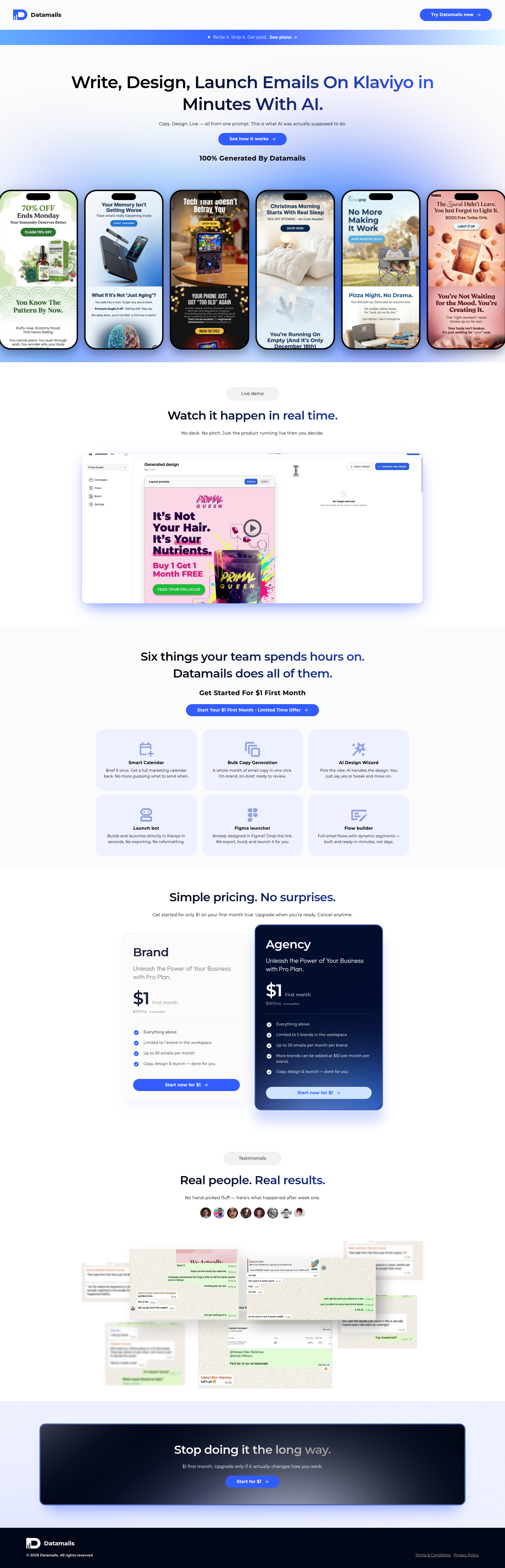 Landing page screenshot for datamails.com, 1920 by 5957 pixels