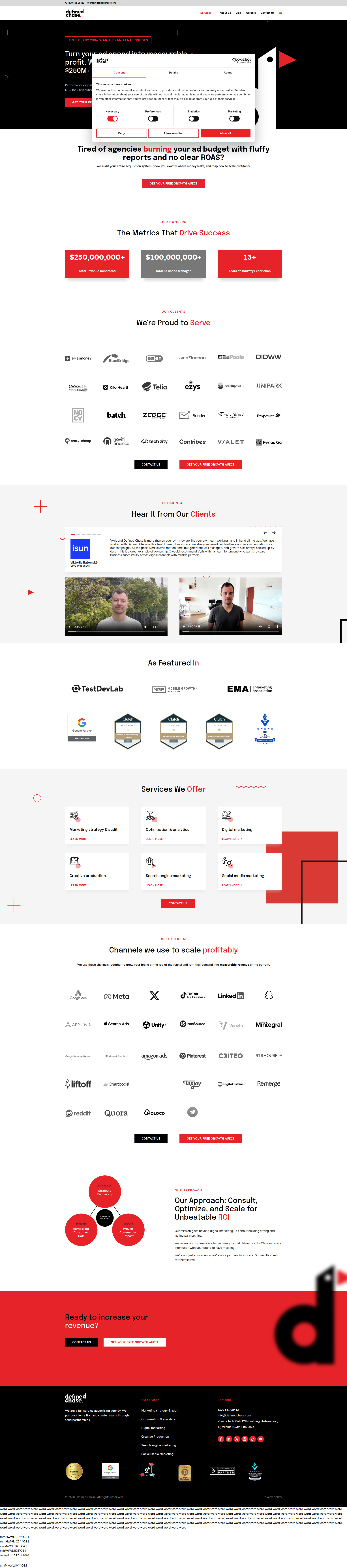 Landing page screenshot for definedchase.com, 1920 by 8659 pixels