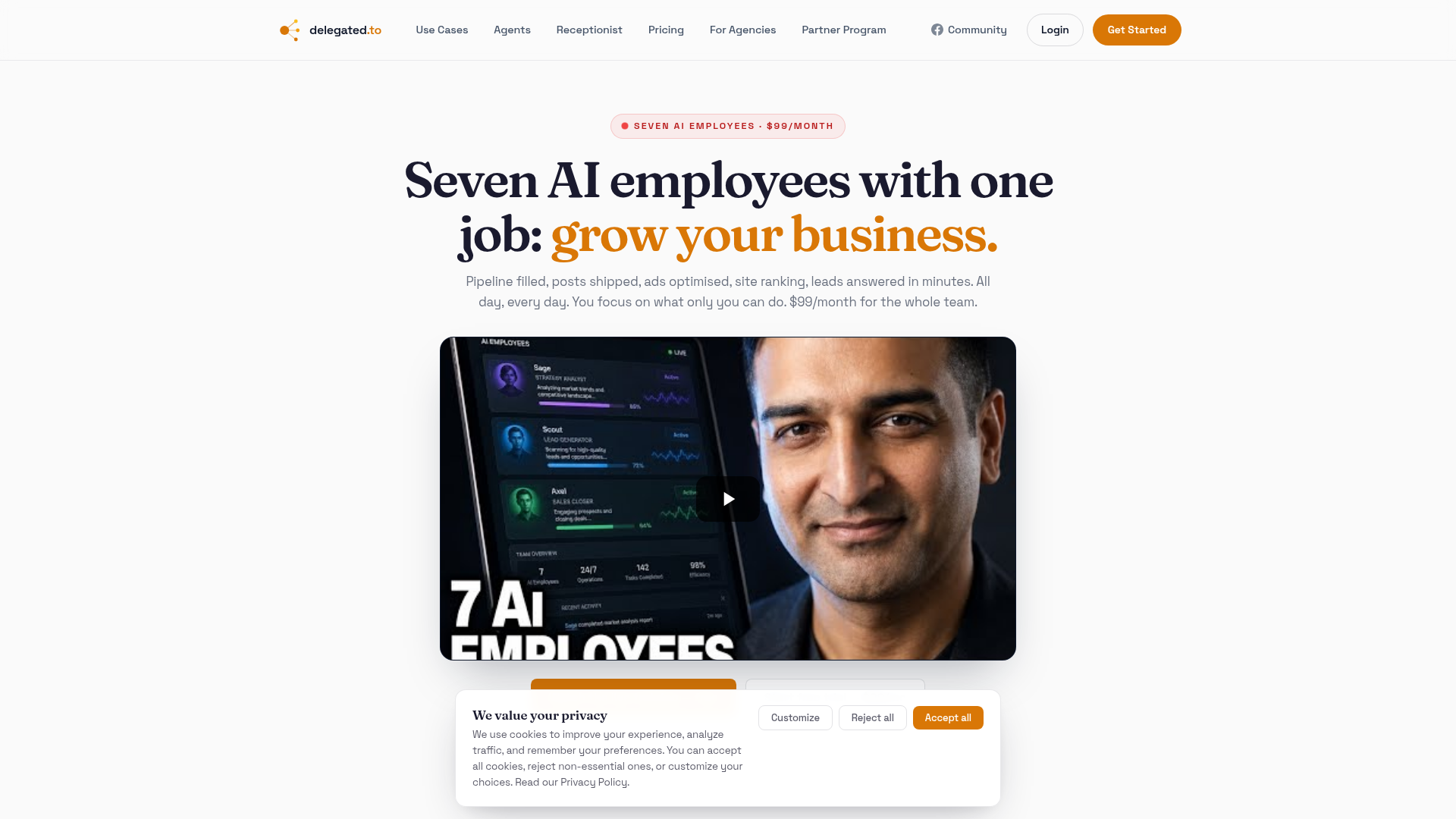 Landing page screenshot for delegated.to, 1920 by 1080 pixels