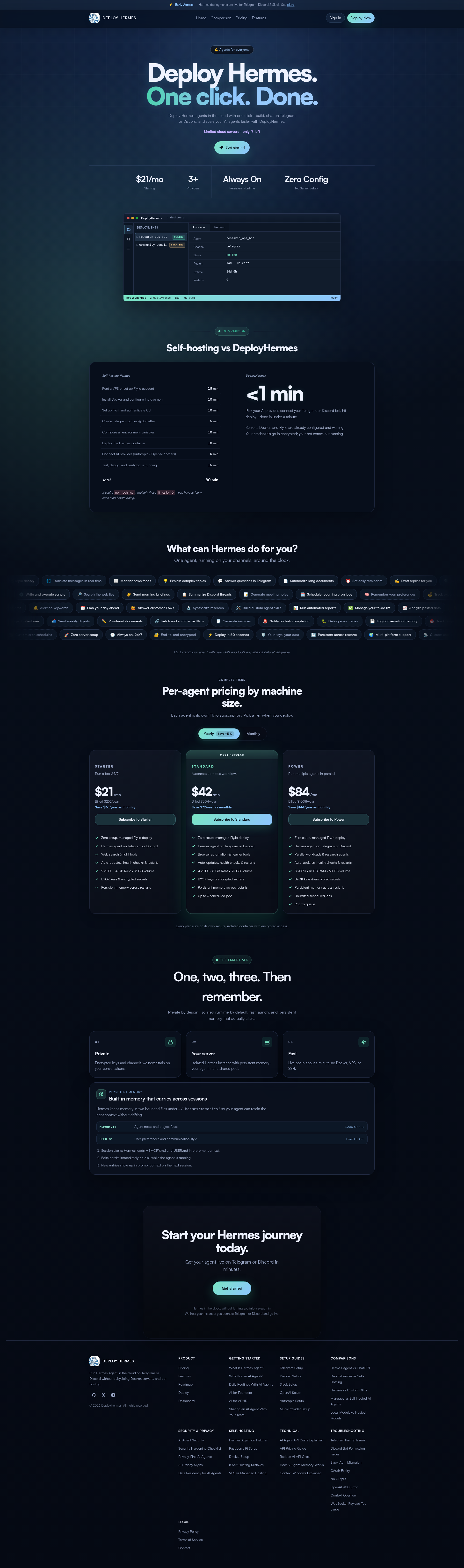 Landing page screenshot for deploy-hermes.com, 1920 by 6490 pixels