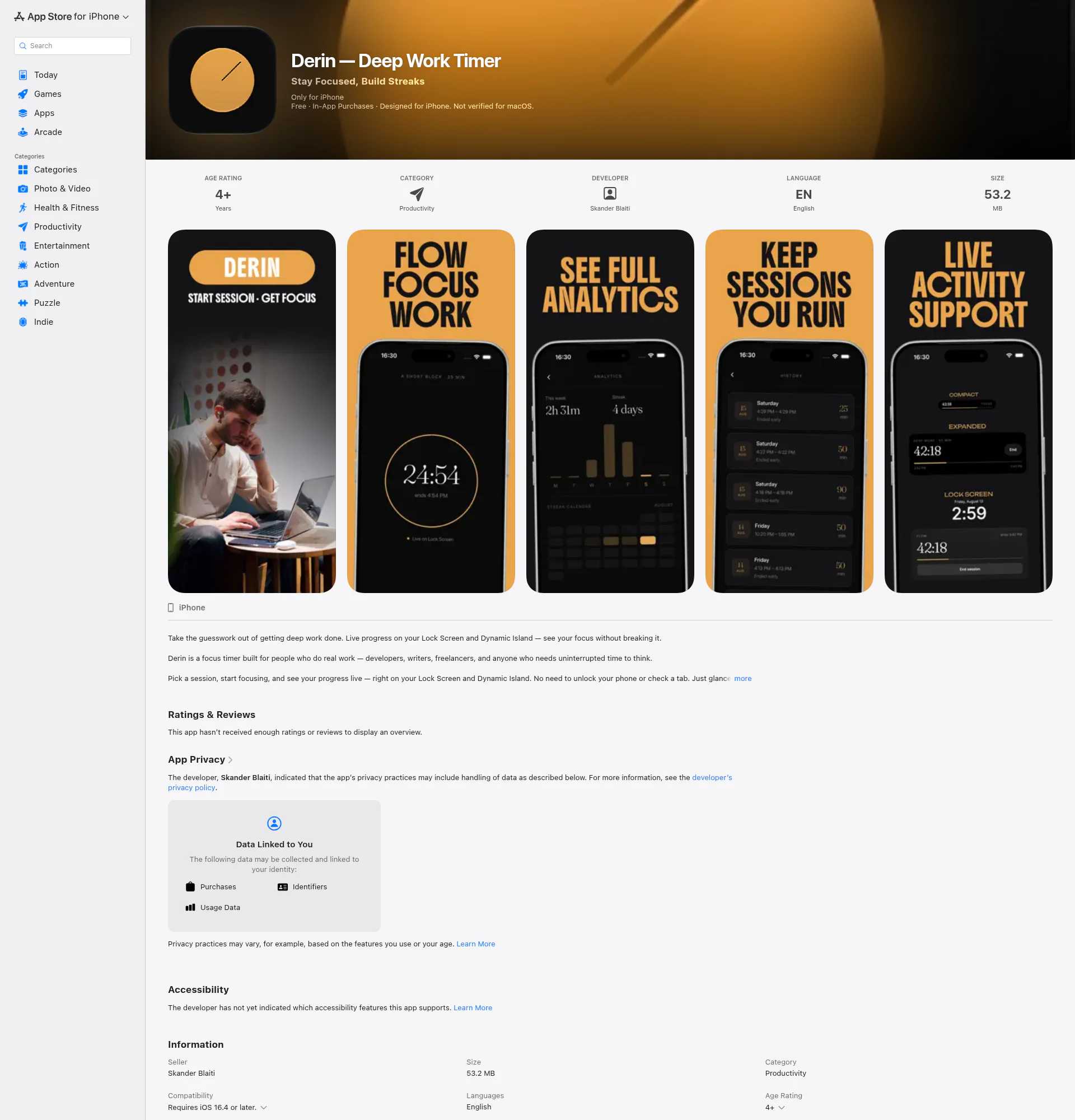 Derin — Deep Work Timer landing page