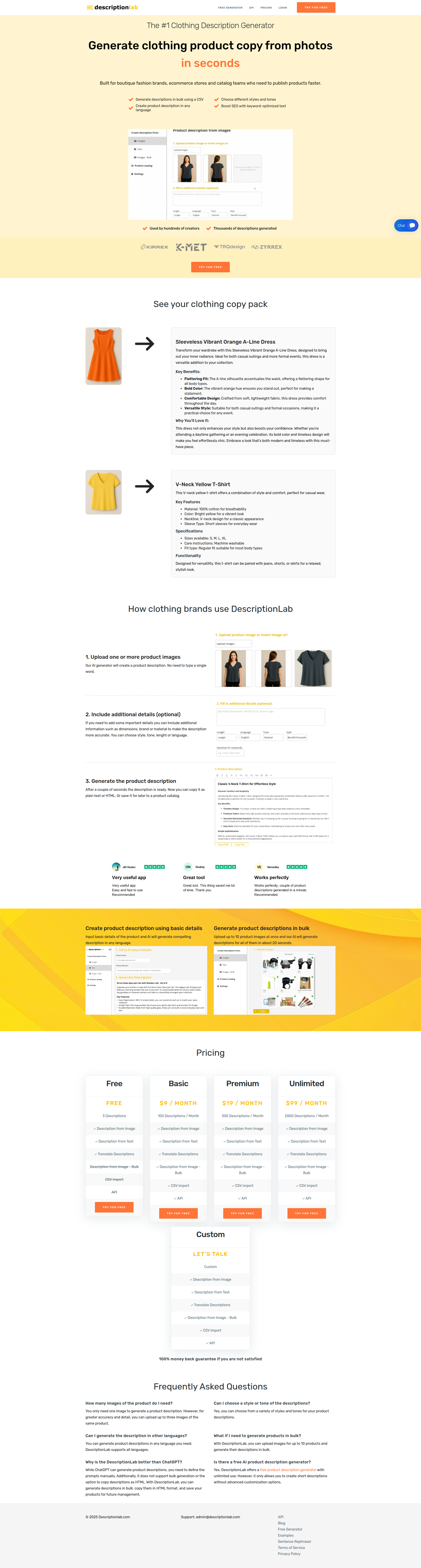 Landing page screenshot for descriptionlab.com, 1920 by 7150 pixels