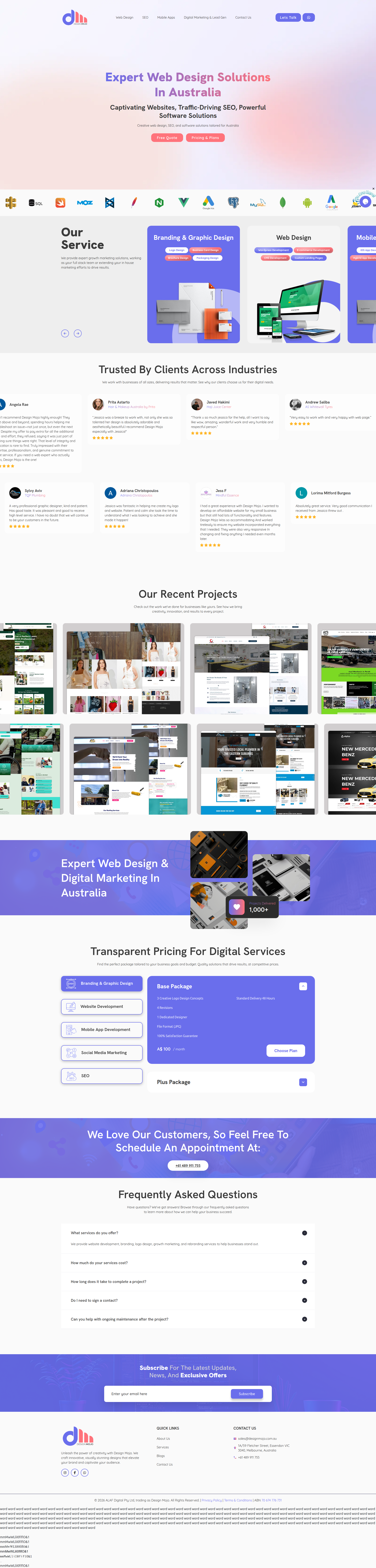 Landing page screenshot for designmojo.com.au, 1920 by 8009 pixels