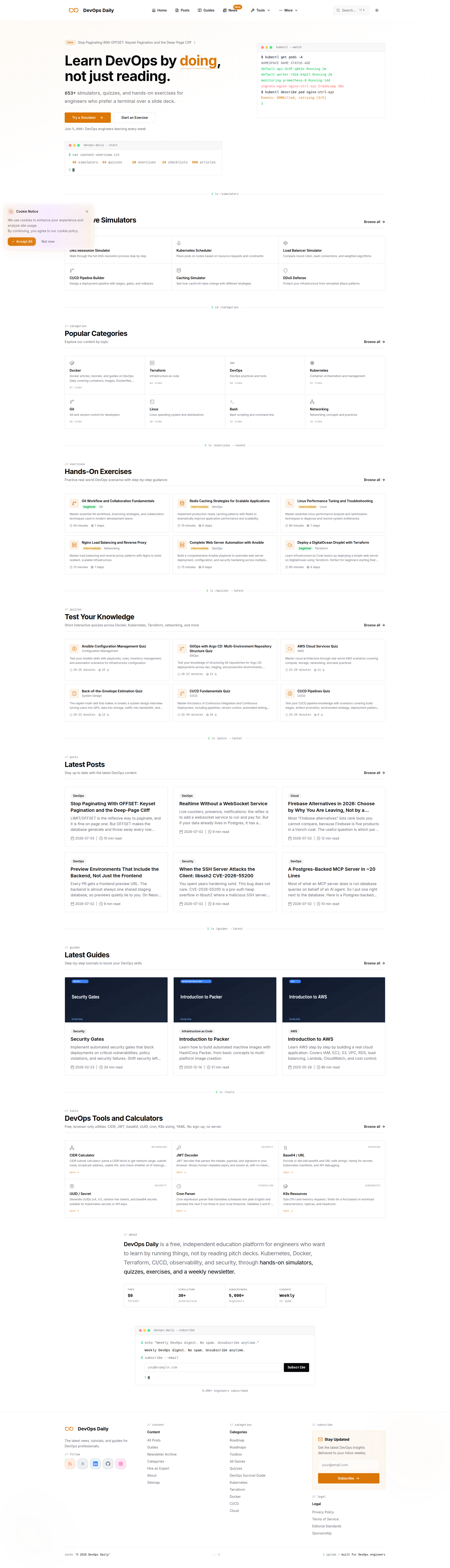 Landing page screenshot for devops-daily.com, 1920 by 6679 pixels