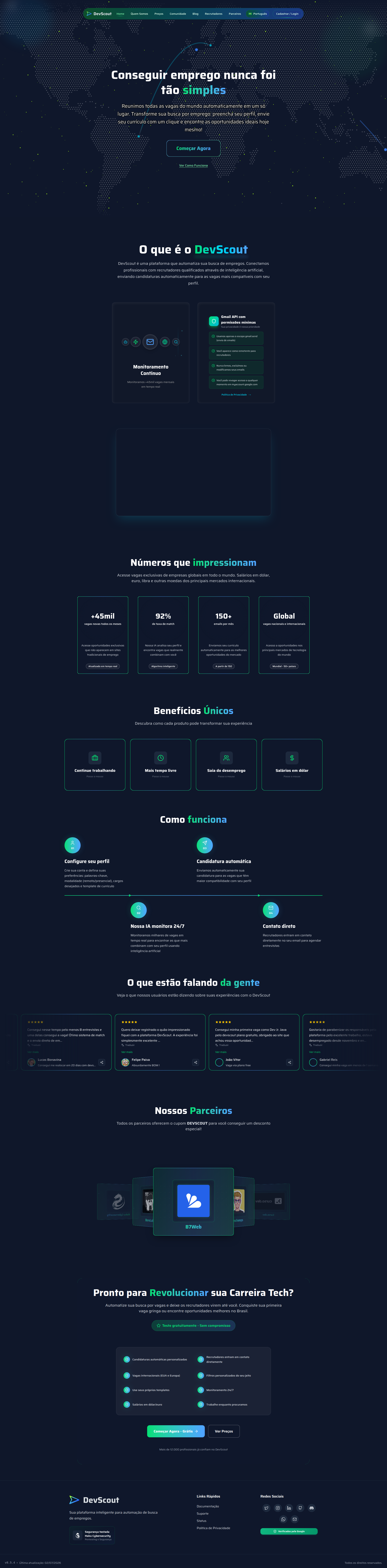 Landing page screenshot for devscout.app, 1920 by 7787 pixels