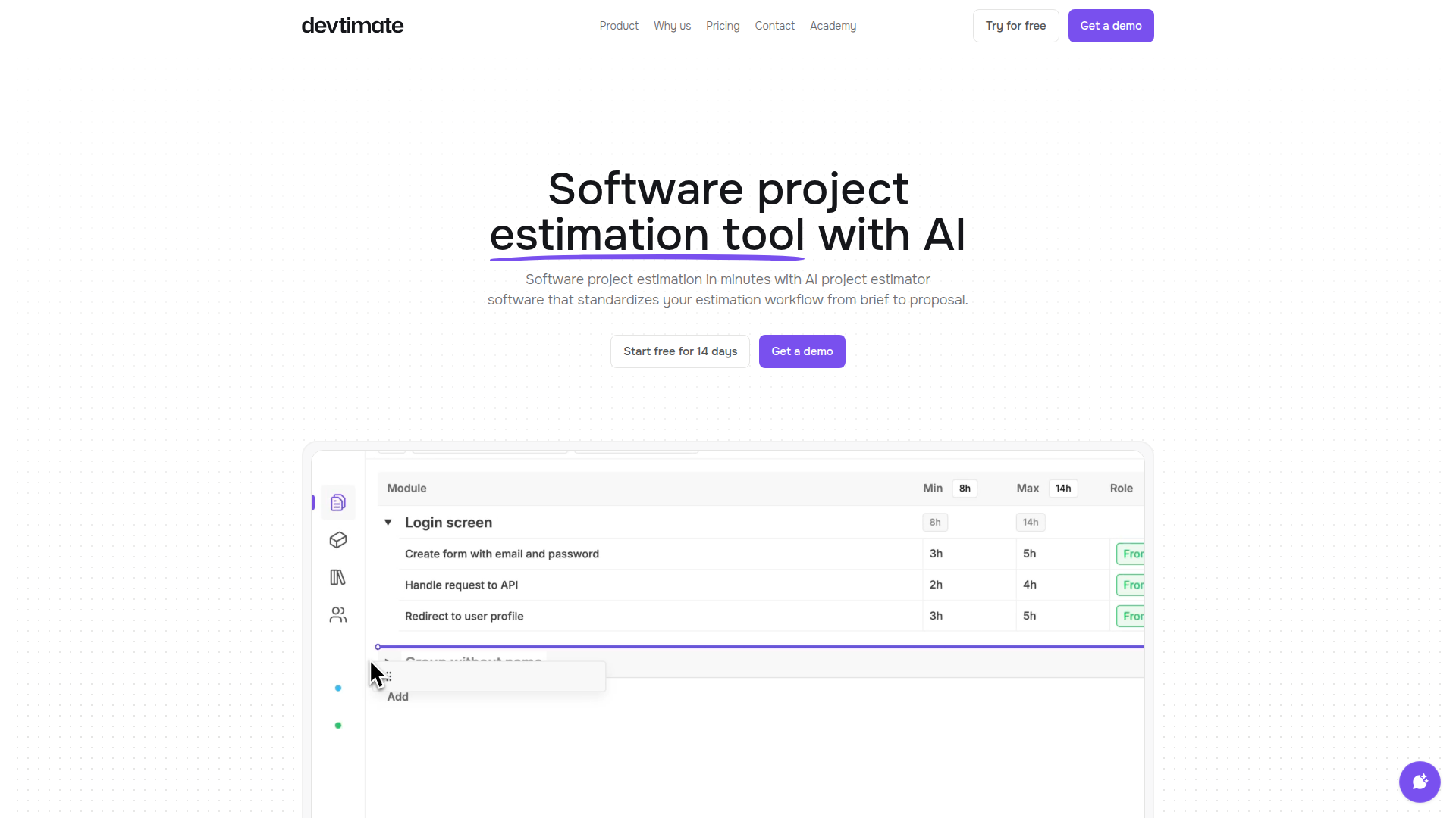 Landing page screenshot for devtimate.com, 1920 by 1080 pixels