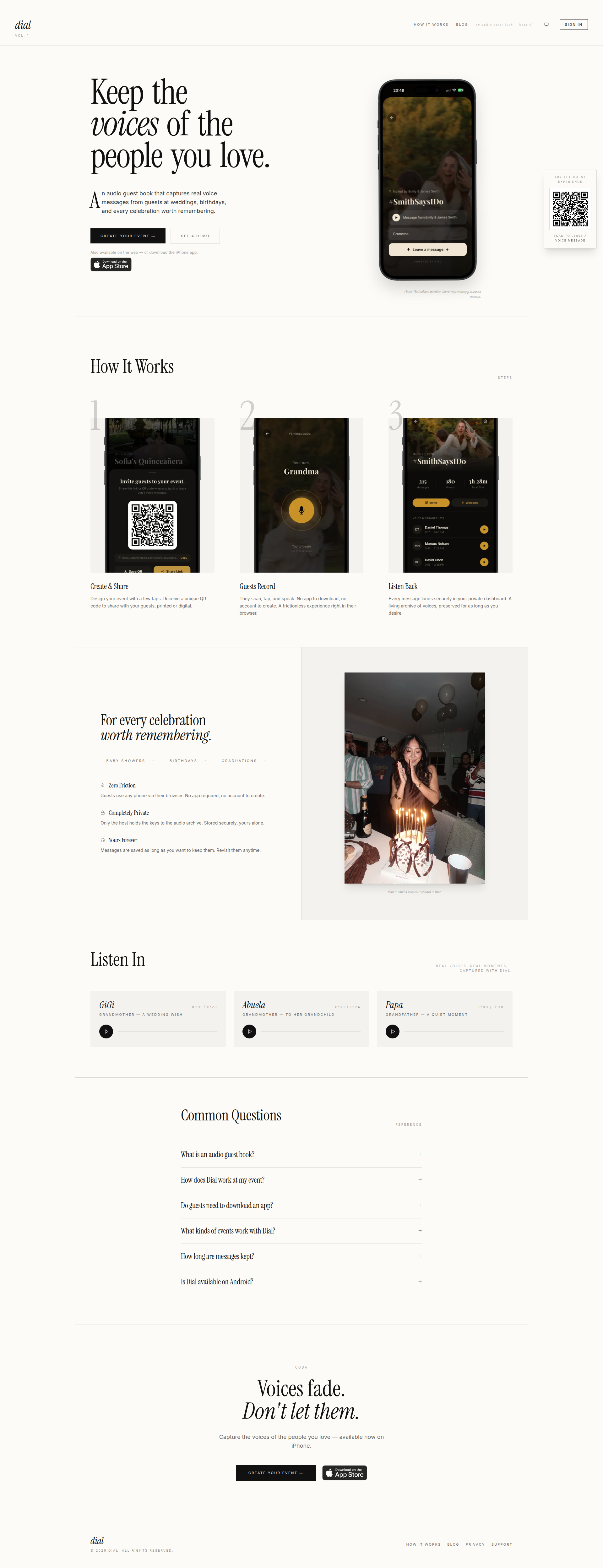 Landing page screenshot for dialmoments.com, 1920 by 4992 pixels