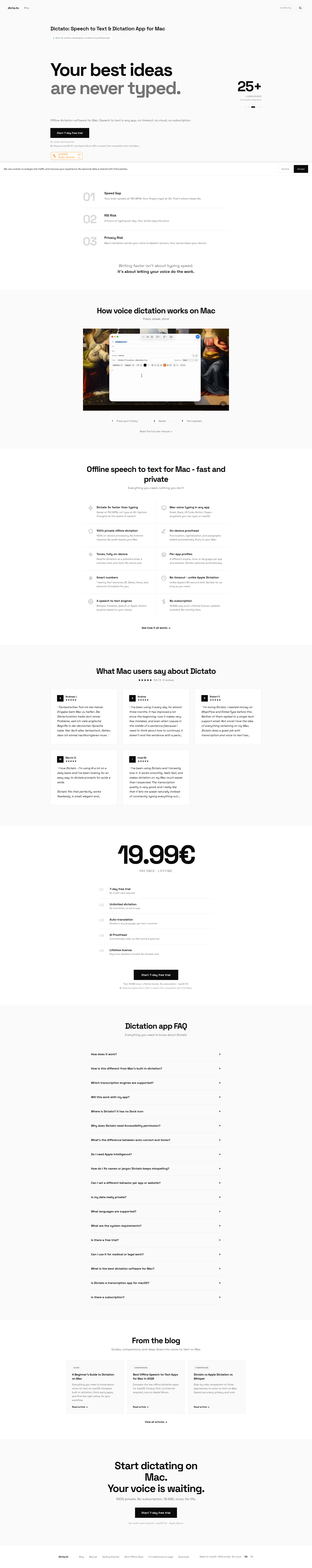 Landing page screenshot for dicta.to, 1920 by 9653 pixels