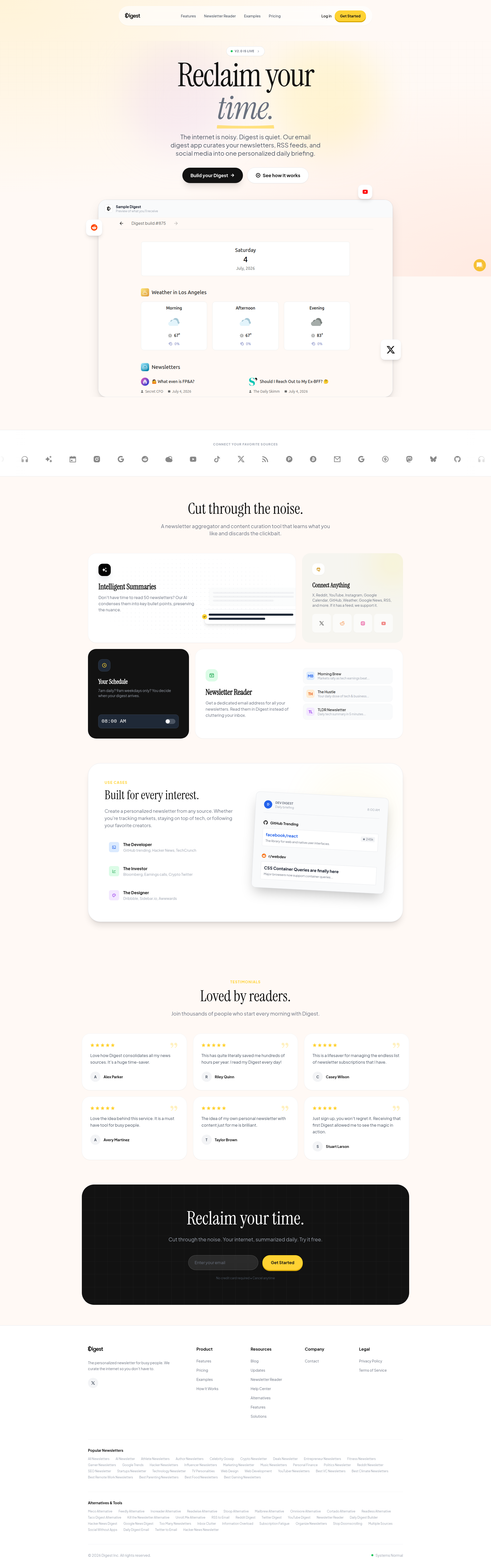 Landing page screenshot for usedigest.com, 1920 by 6125 pixels