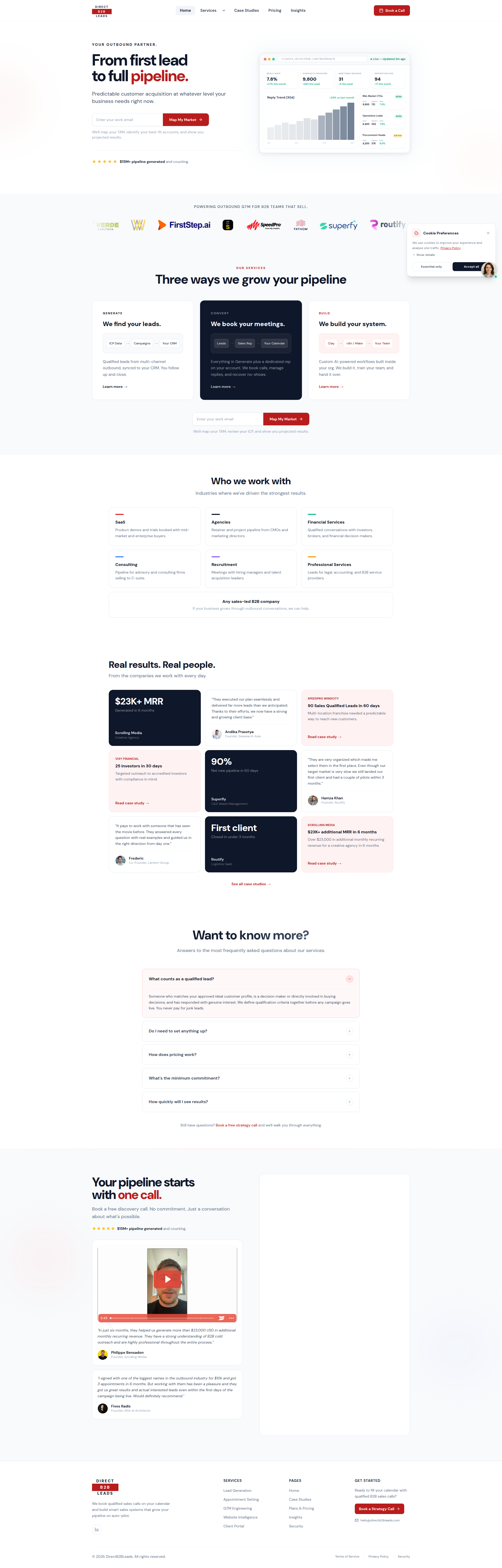Landing page screenshot for directb2bleads.com, 1920 by 5987 pixels