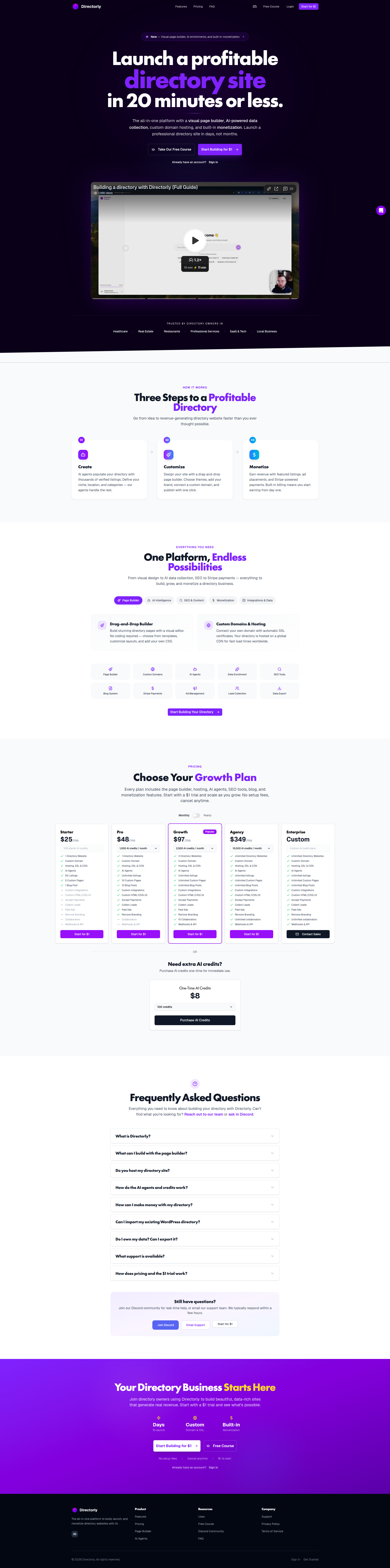 Landing page screenshot for directorly.app, 1920 by 7718 pixels