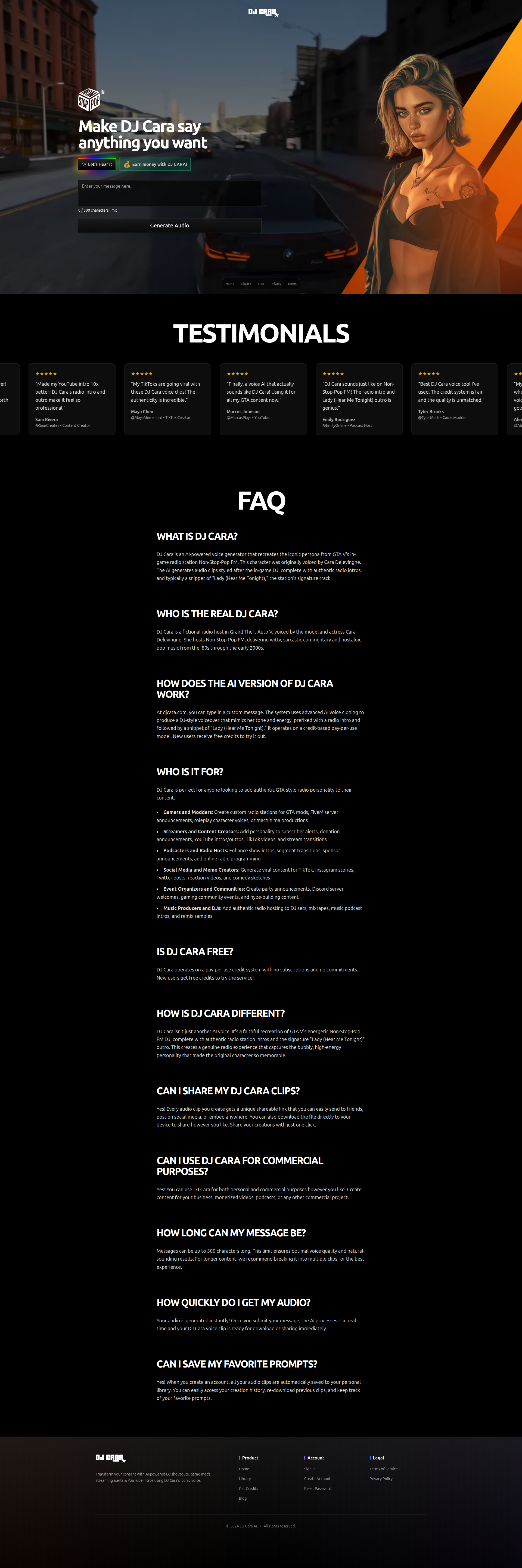 Landing page screenshot for djcara.com, 1920 by 5764 pixels