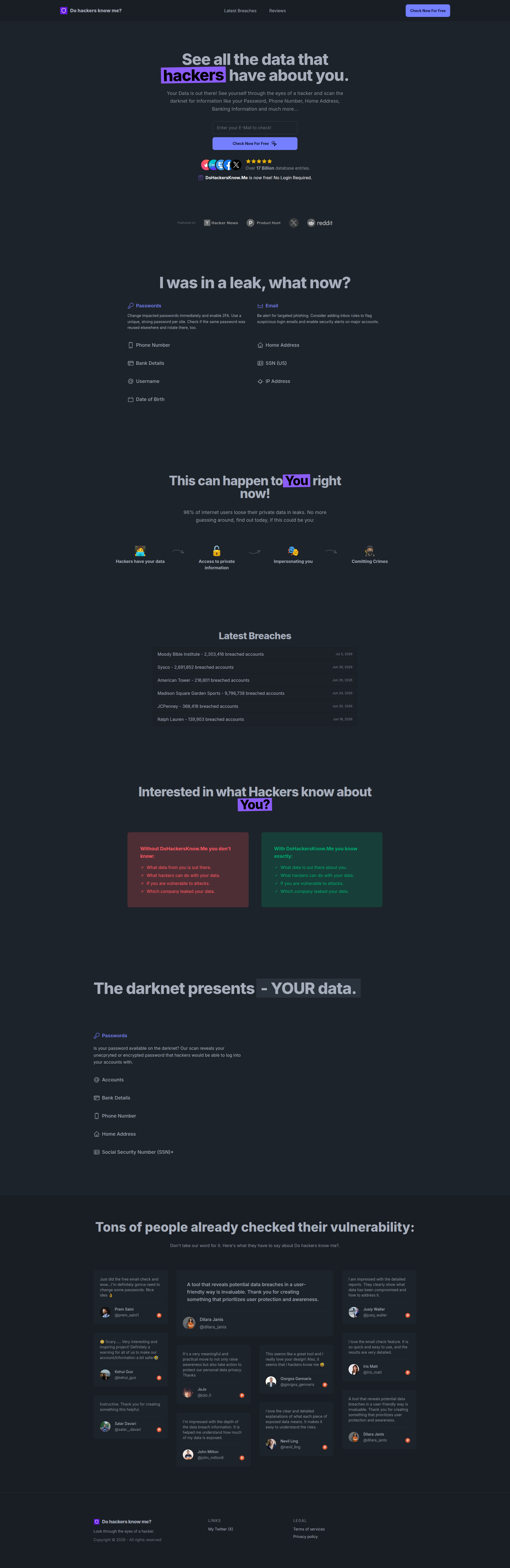 Landing page screenshot for dohackersknow.me, 1920 by 5897 pixels