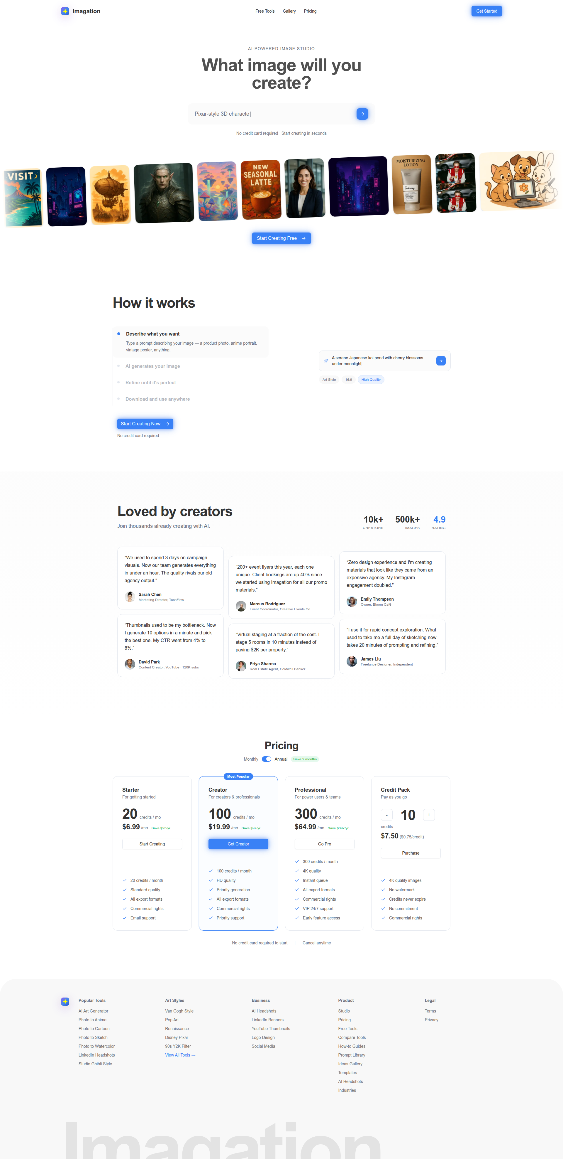 Landing page screenshot for imagation.com, 1920 by 3948 pixels