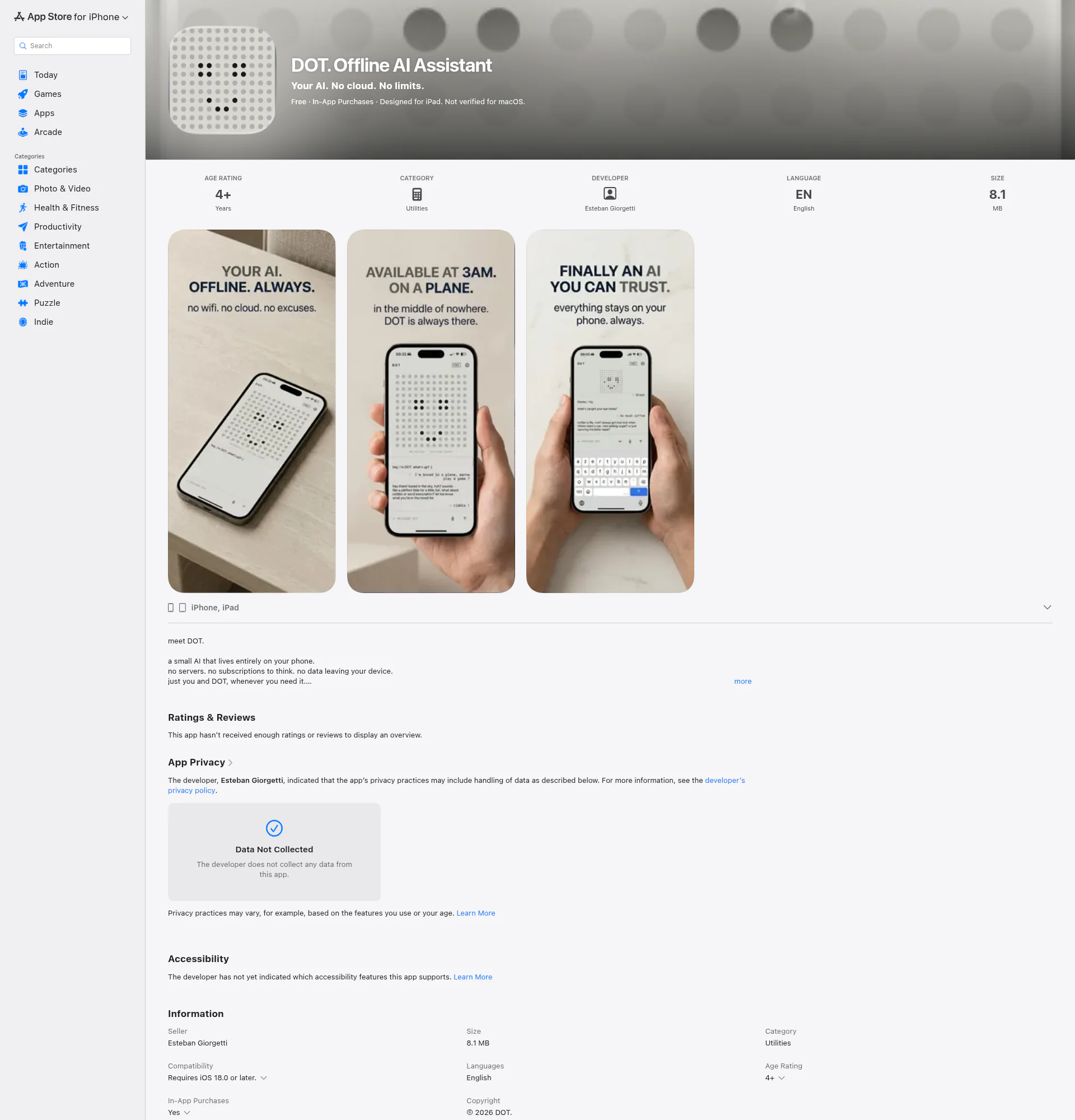 DOT Offline AI landing page