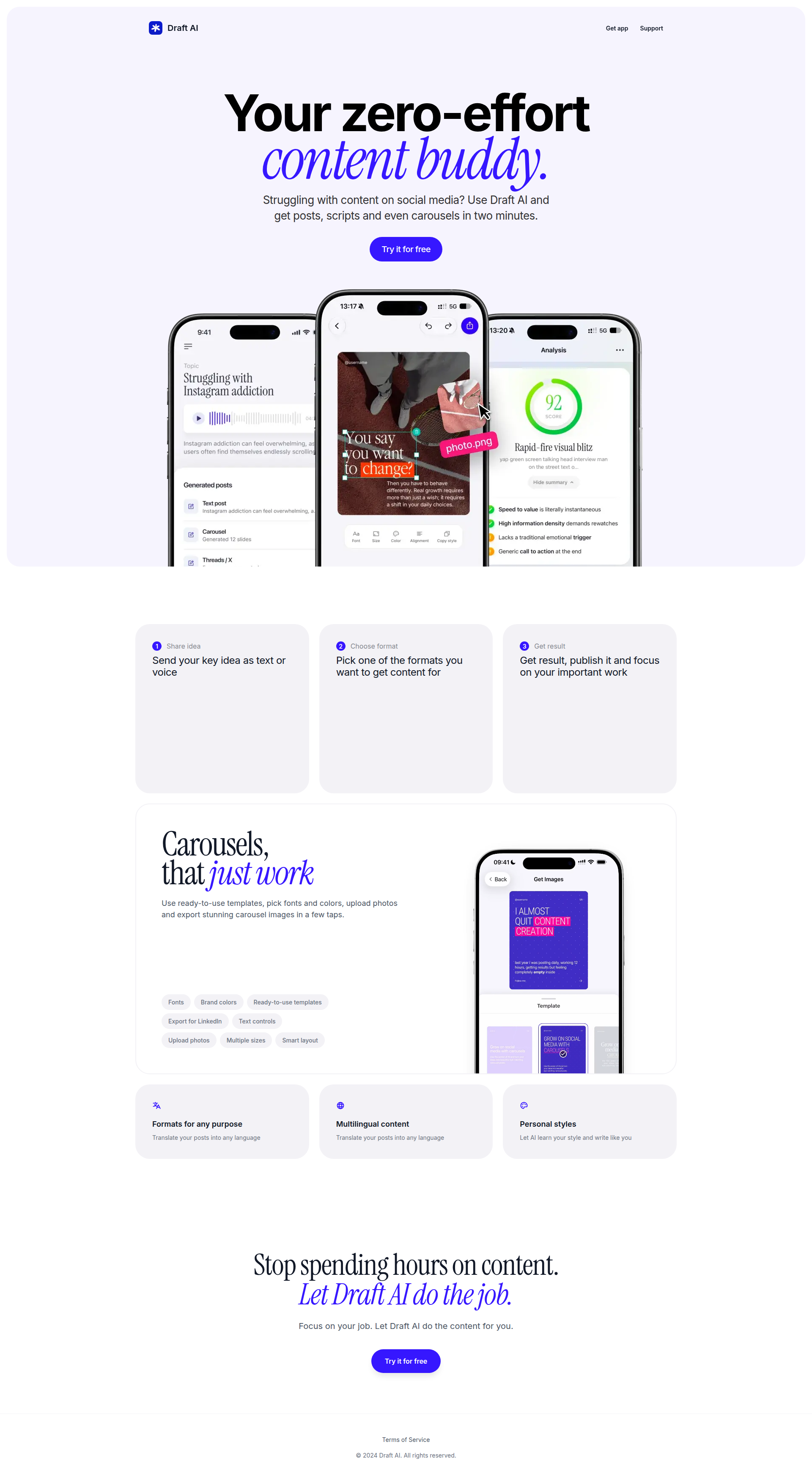 Landing page screenshot for getdraft.io, 1920 by 3498 pixels