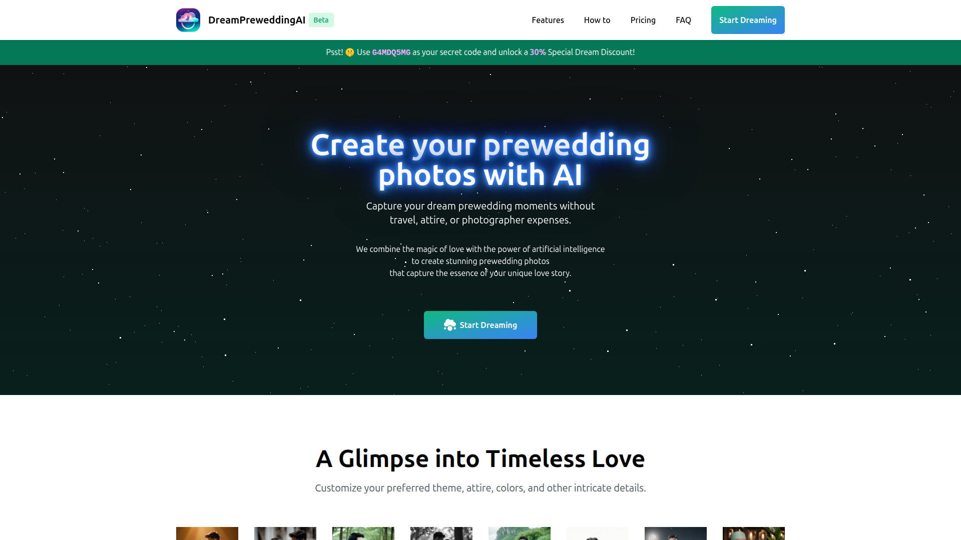 Landing page screenshot for dreamprewedding.com, 1920 by 1080 pixels