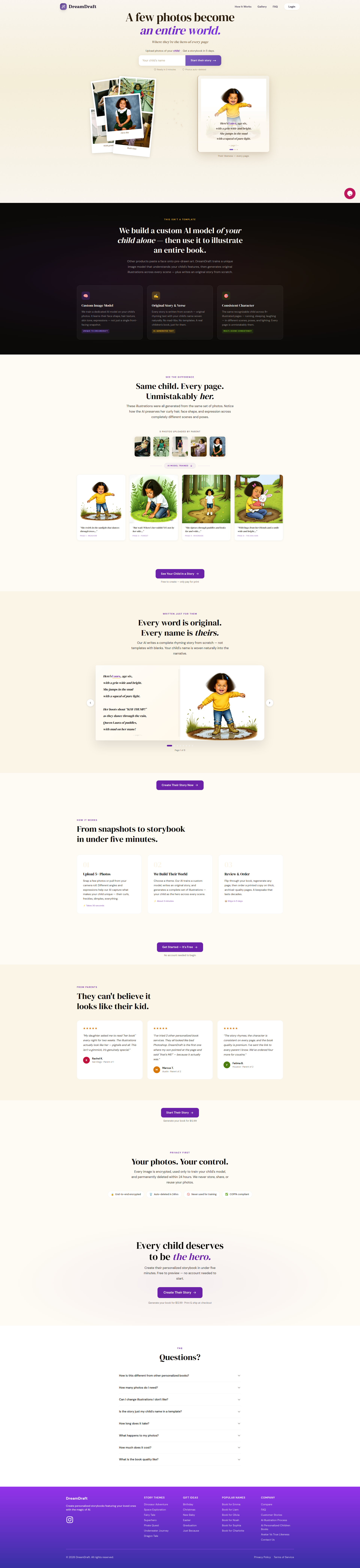 Landing page screenshot for dreamdraft.xyz, 1920 by 8346 pixels