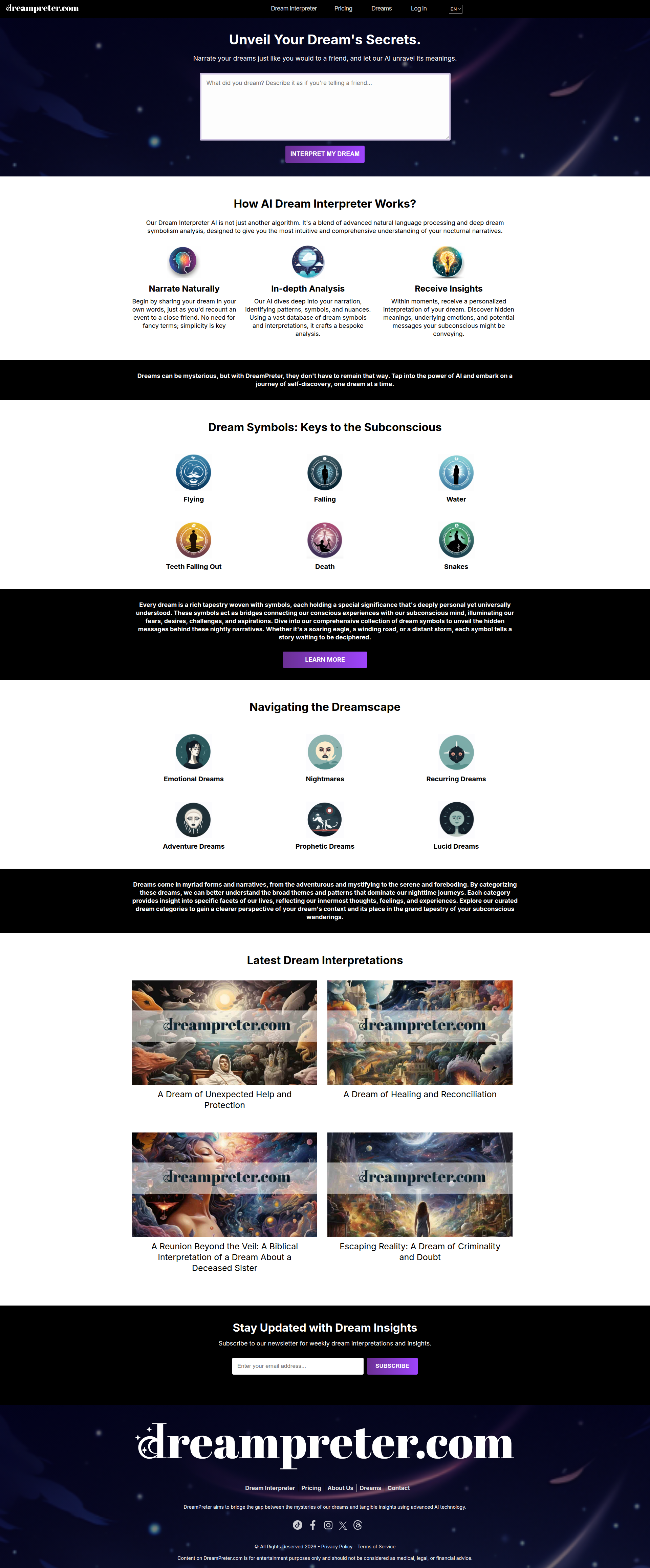 Landing page screenshot for dreampreter.com, 1920 by 4630 pixels