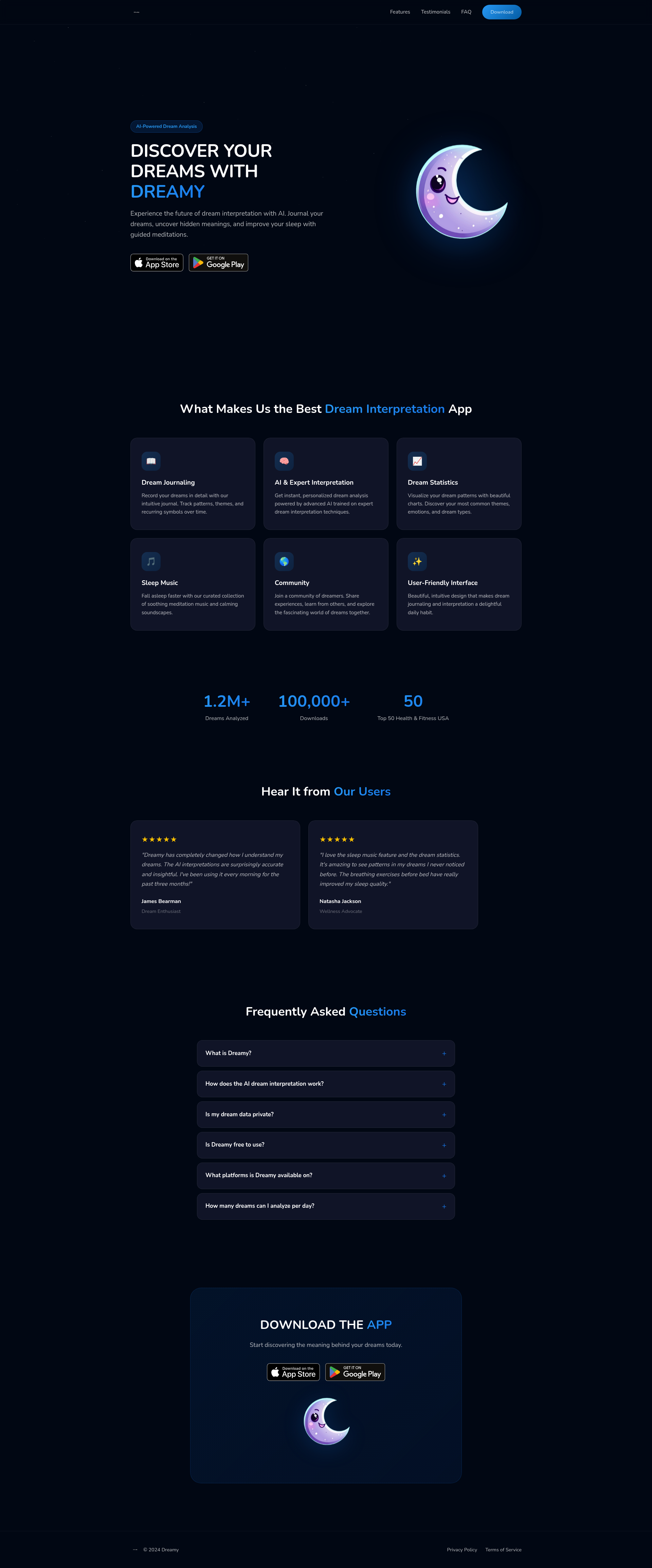 Landing page screenshot for thedreamyapp.web.app, 1920 by 4610 pixels
